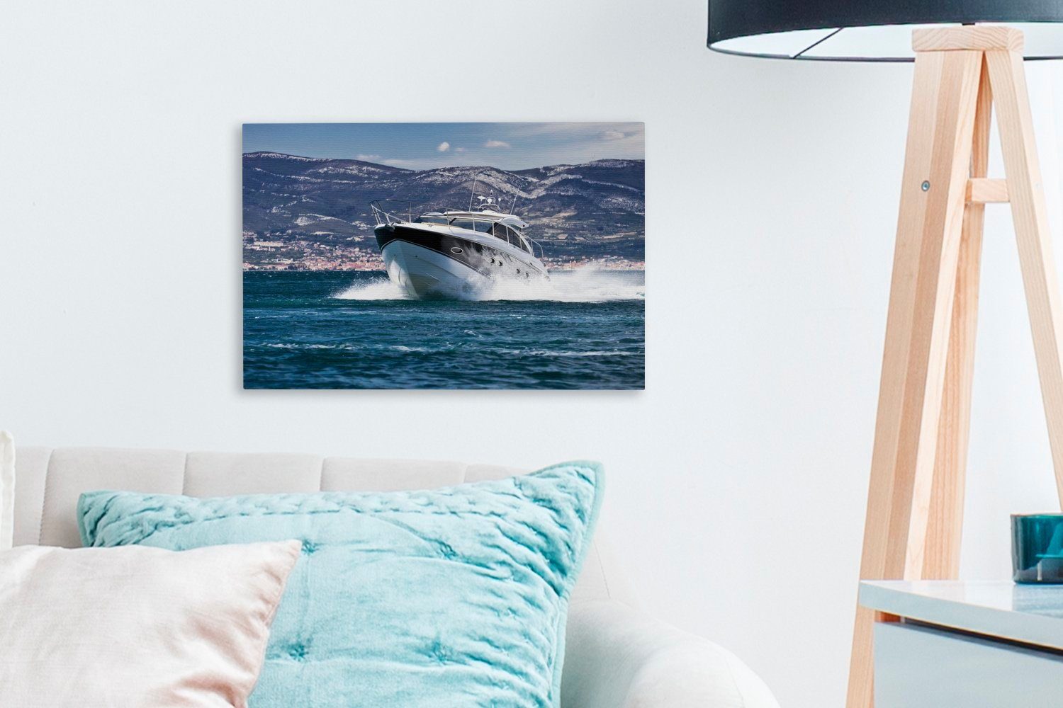 Aufhängefertig, Schnellboot Leinwandbilder, Wanddeko, 30x20 St), übers Wasser, (1 cm OneMillionCanvasses® Leinwandbild Wandbild gleitet