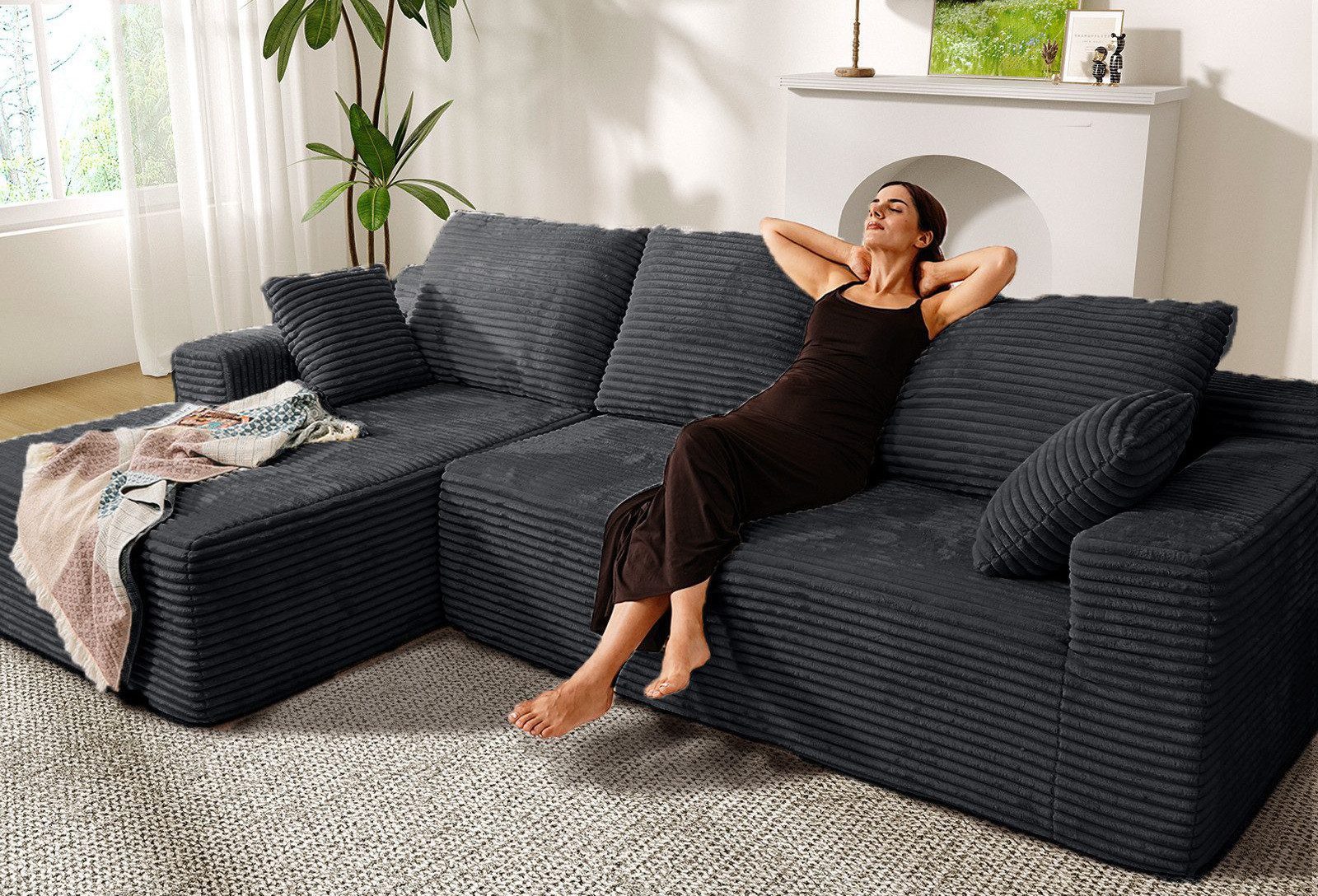 Ecksofa Couch L-Form 263cm, Sofa Links Samtstoff Vierersofa mit Liegefläche