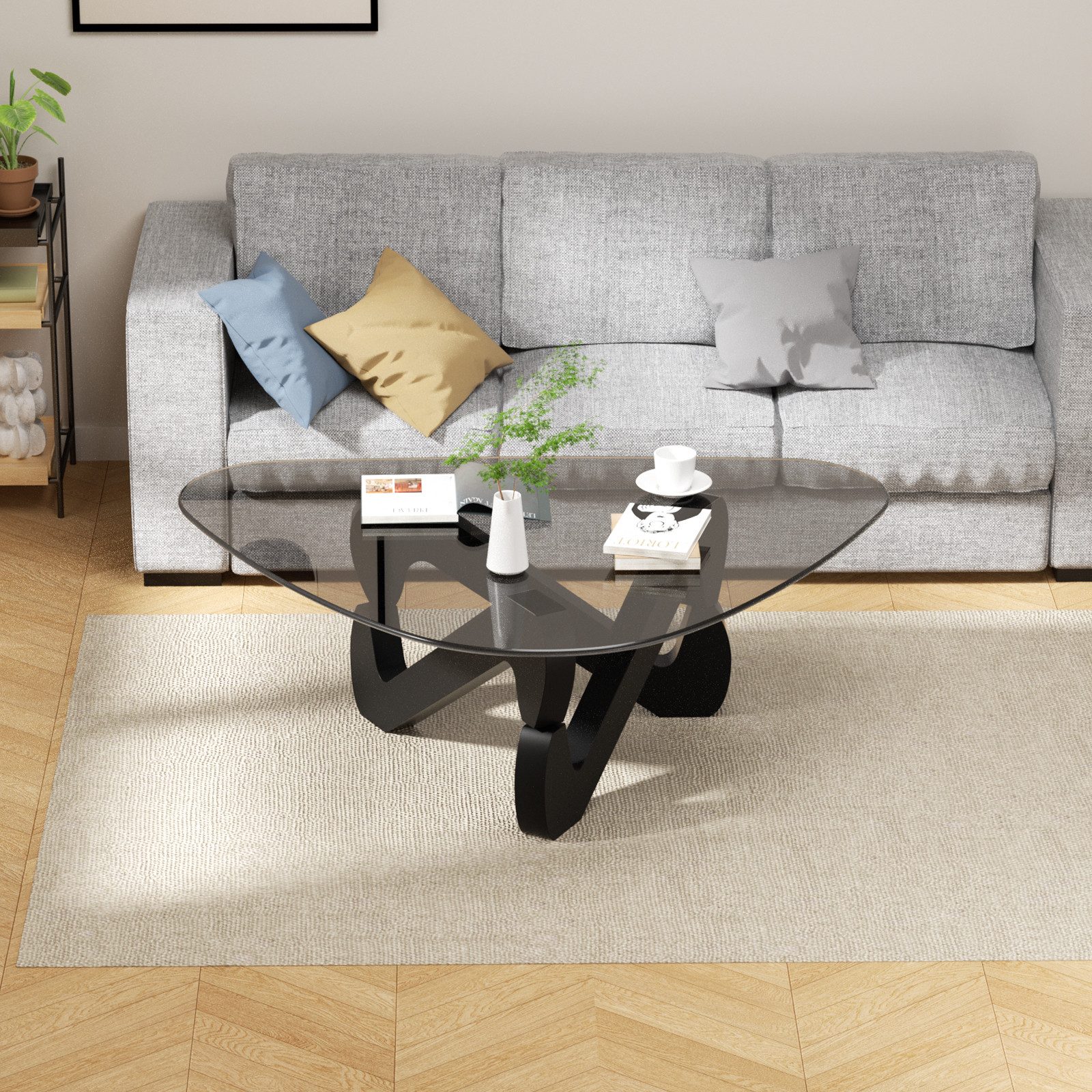 TWSOUL Couchtisch mit Dreieckigem Massivholzgestell & Gehärtetem Glas 82x57x 35 cm, Wohnzimmertisch Beistelltisch moderner Stabil, sicher & vielseitig