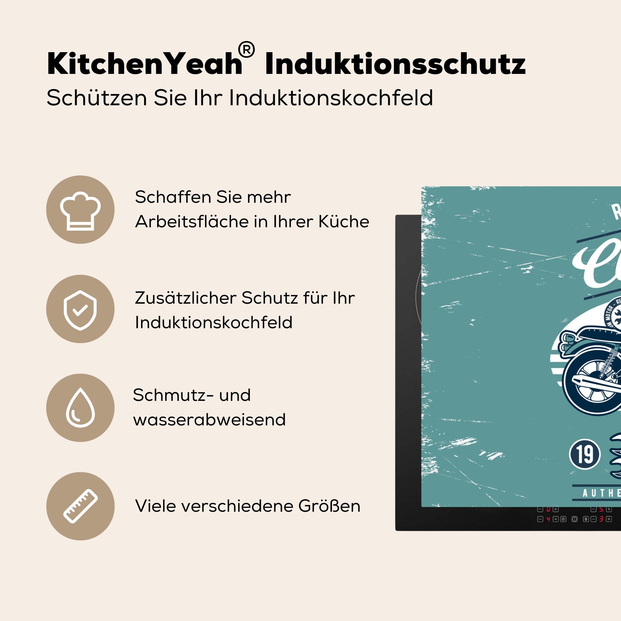 Motorrad Induktionskochfeld - Retro, Ceranfeldabdeckung Vinyl, tlg), die - Schutz (1 Herdblende-/Abdeckplatte 81x52 für cm, Werkzeuge MuchoWow küche,