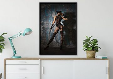 Pixxprint Leinwandbild Frau im Dessou mit einer Peitsche, Wanddekoration (1 St), Leinwandbild fertig bespannt, in einem Schattenfugen-Bilderrahmen gefasst, inkl. Zackenaufhänger