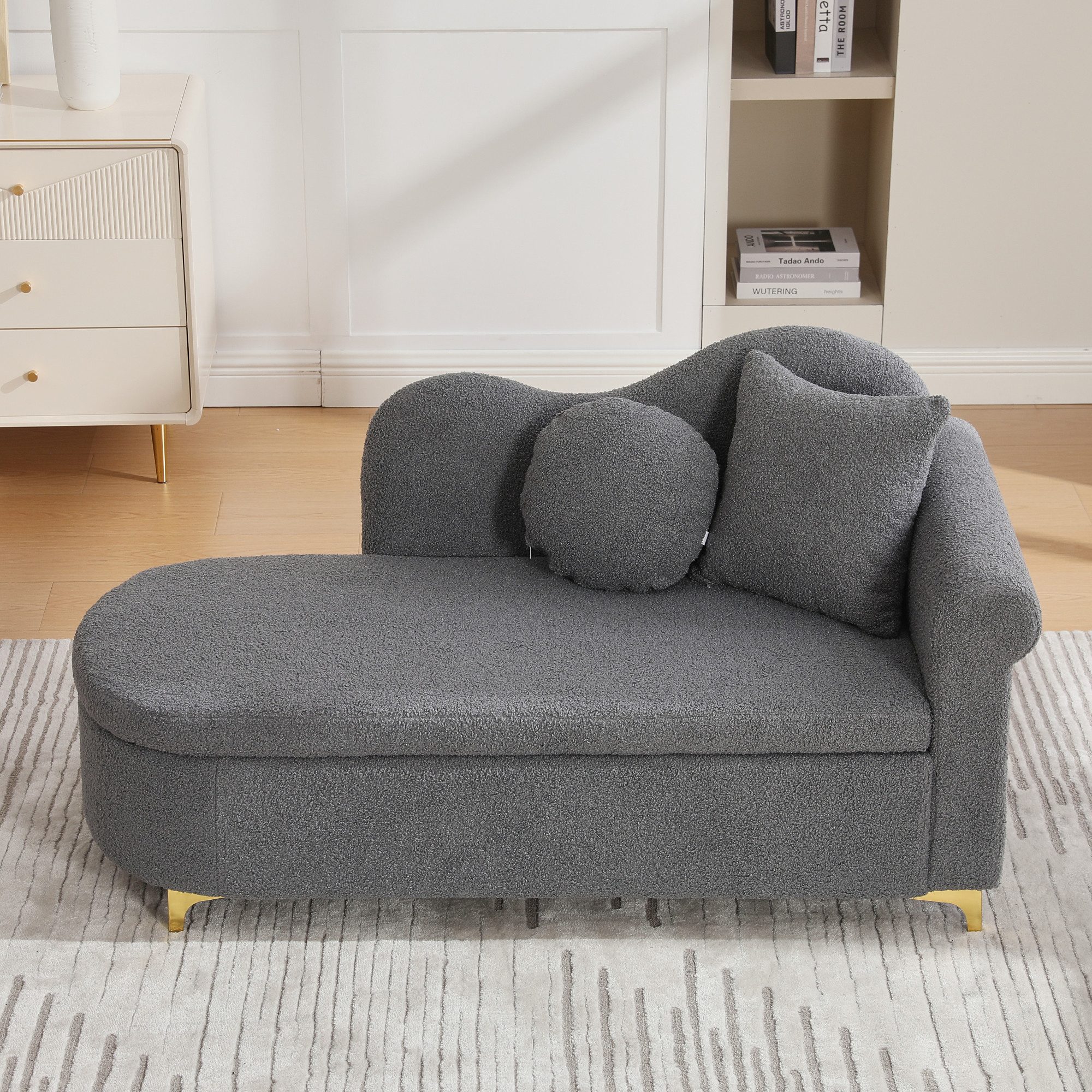 REDOM Chaiselongue Beistell-Liege 134x64x70 cm mit Stauraum, modernes Design, Teddyplüsch-Bezug, wellige Lehne, komfortable Polsterung 1 Teile, Inklusive 2 Kissen, ideal für Wohnzimmer & Leseecke