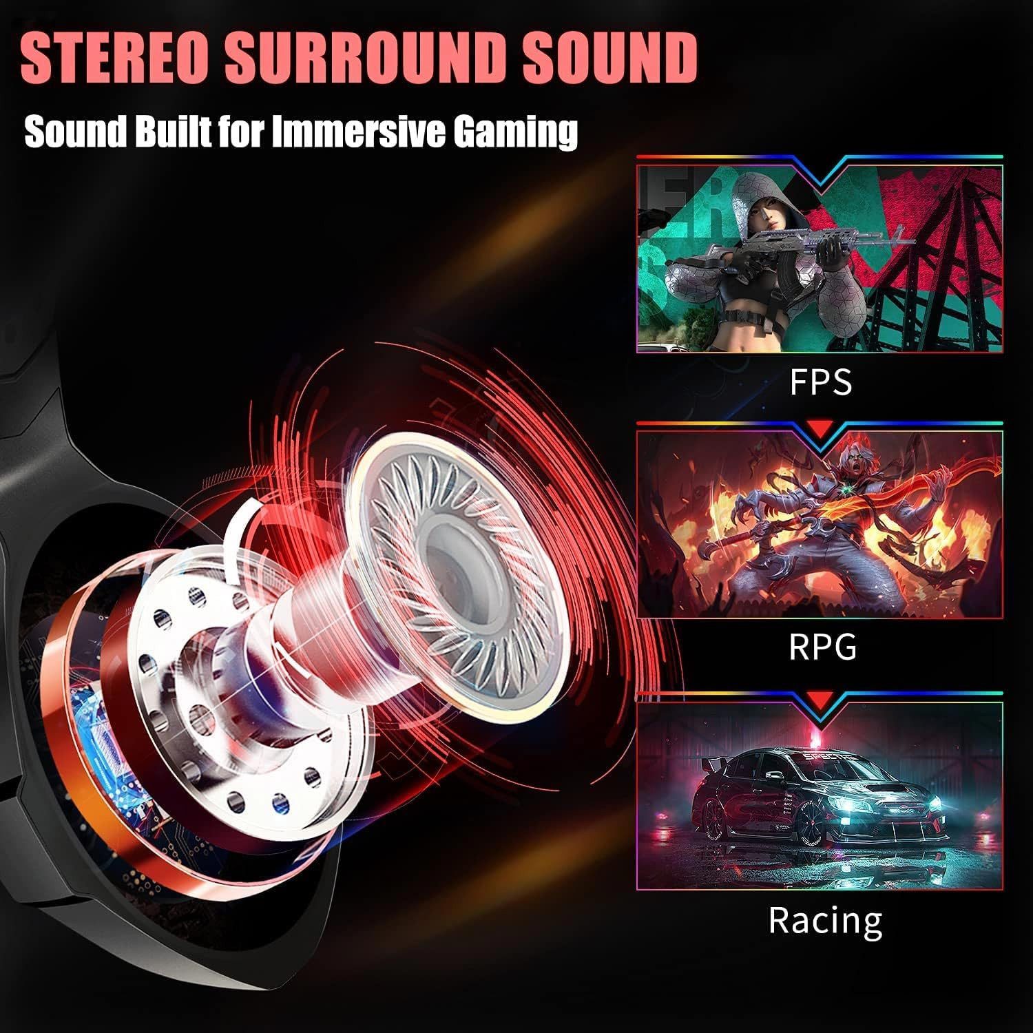 ozeino 3D Surround Sound Kopfhörer mit Mikrofon für Konsolen Gaming-Headset (Stylische RGB Beleuchtung schafft eine beeindruckende Gaming-Atmosphäre und wertet jedes Setup optisch auf., Noise Cancelling Headset mit RGB Licht für PC und Laptop)