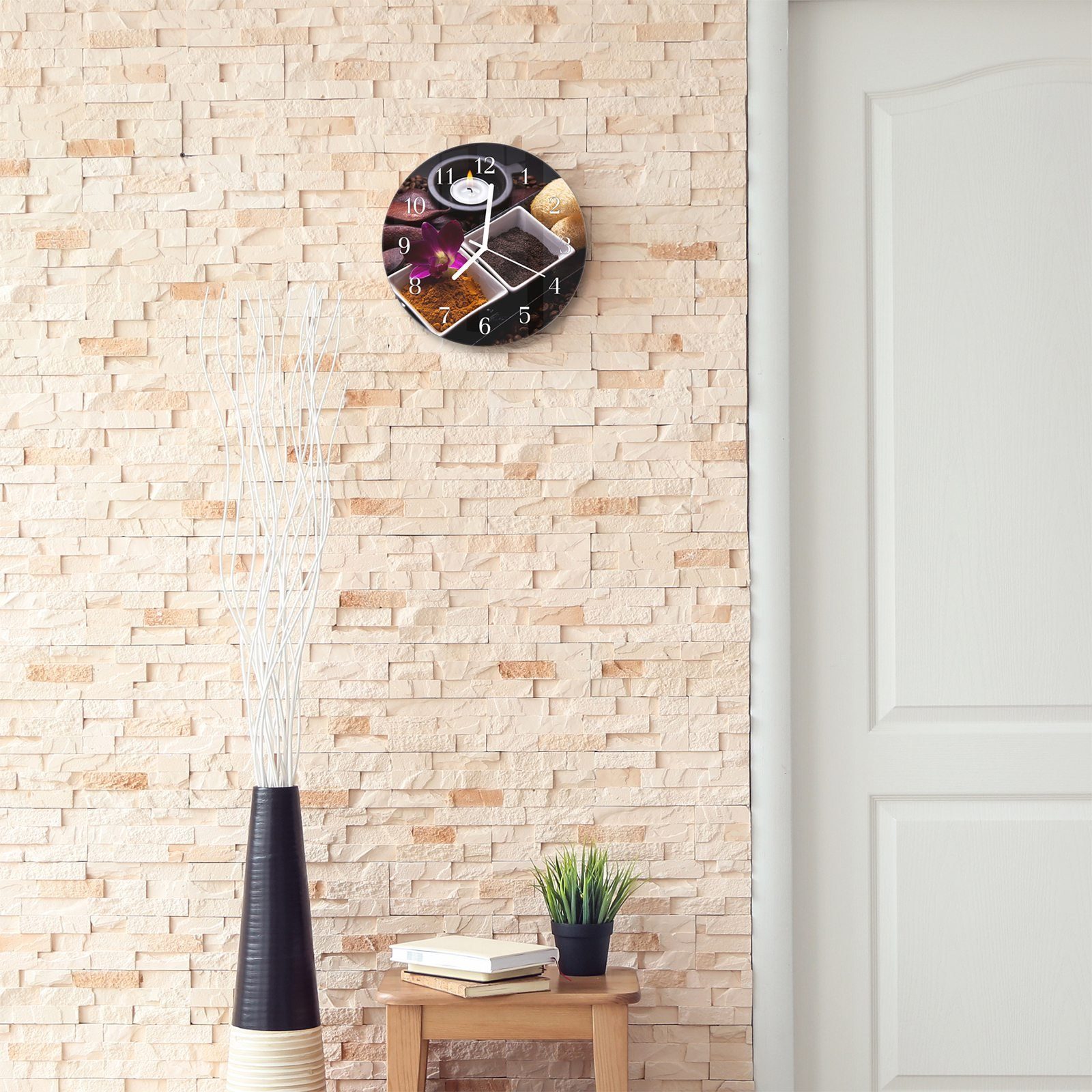 Primedeco Wanduhr mit in Glas und - cm Töpfchen Rund Durchmesser Wanduhr Motiv 30 und Kurkuma Quarzuhrwerk mit aus Kafee