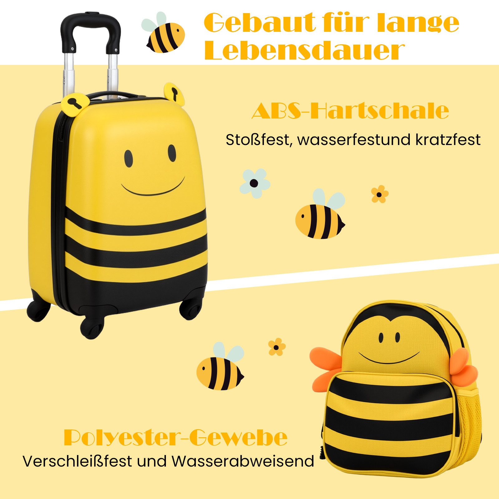COSTWAY Kinderkoffer, 4 Rollen, Rucksack mit Anti-Verlust-Seil, ab 3 Jahren