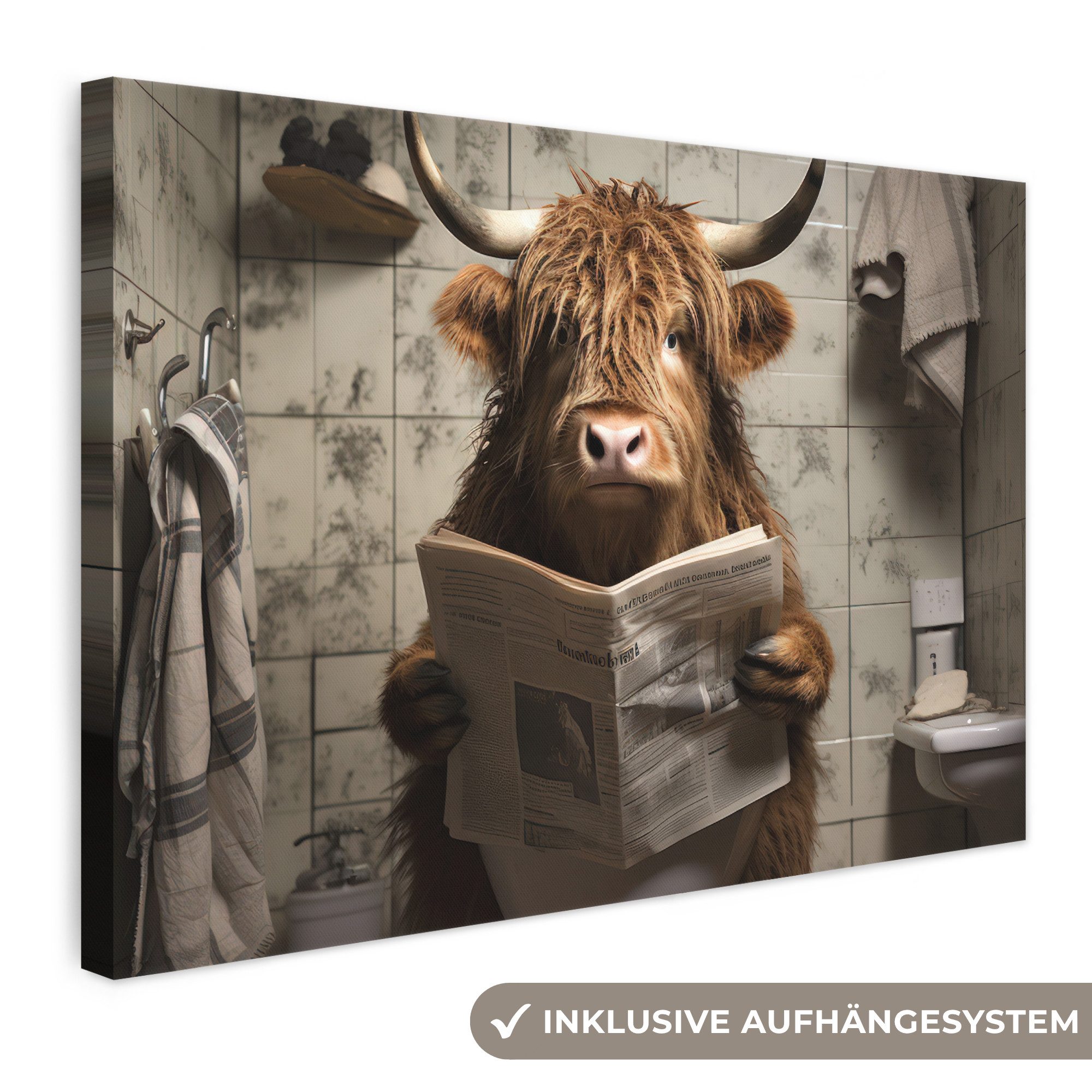 OneMillionCanvasses® Leinwandbild Scotch highlander - Toilette - Zeitung - Badezimmer, Fotodruck (1 St), Leinwand Bilder Klein, Wand Dekoration Aesthetic 30x20 cm