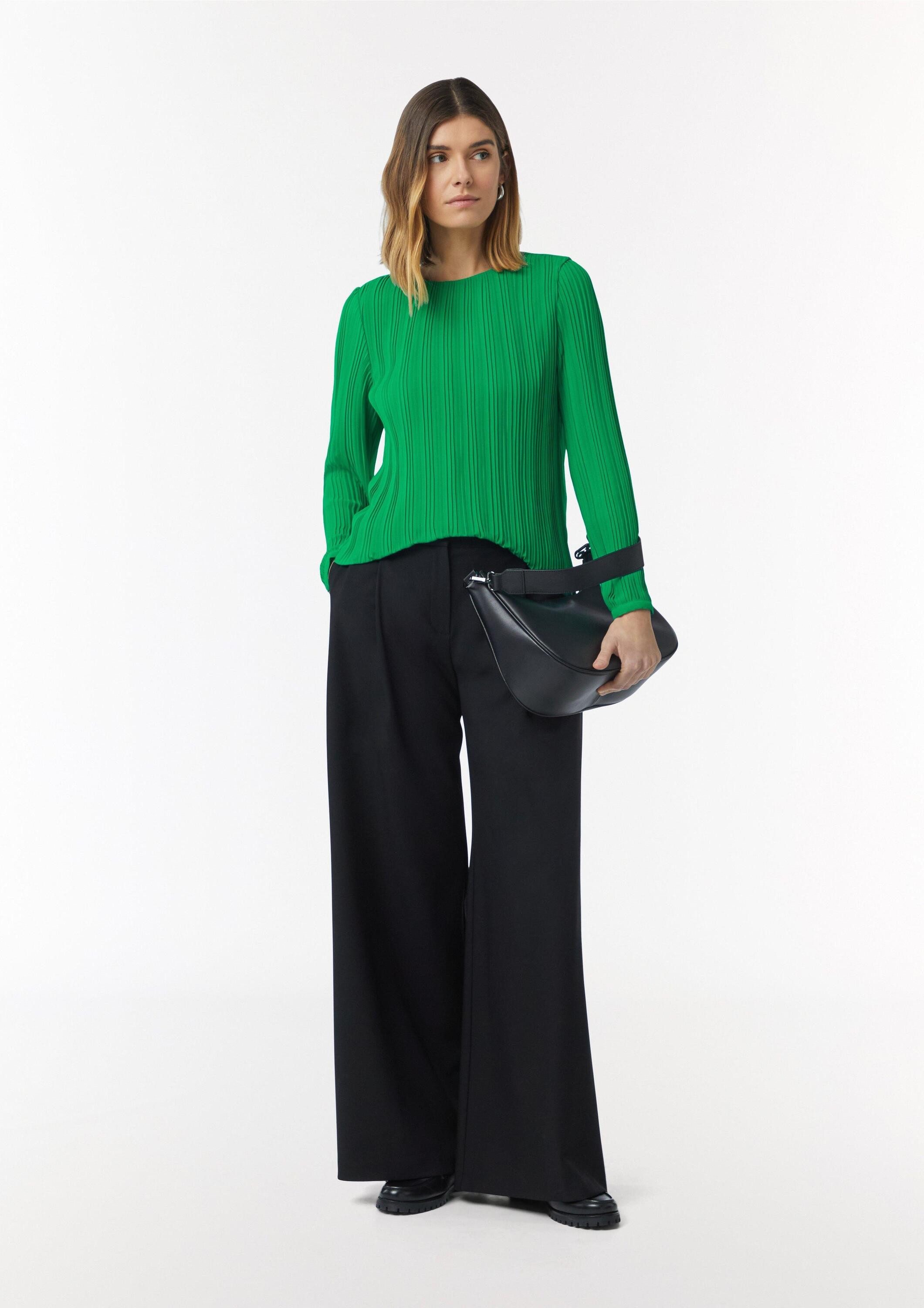 comma Langarmbluse Bluse Plissierte Chiffonbluse mit Rundhalsausschnitt