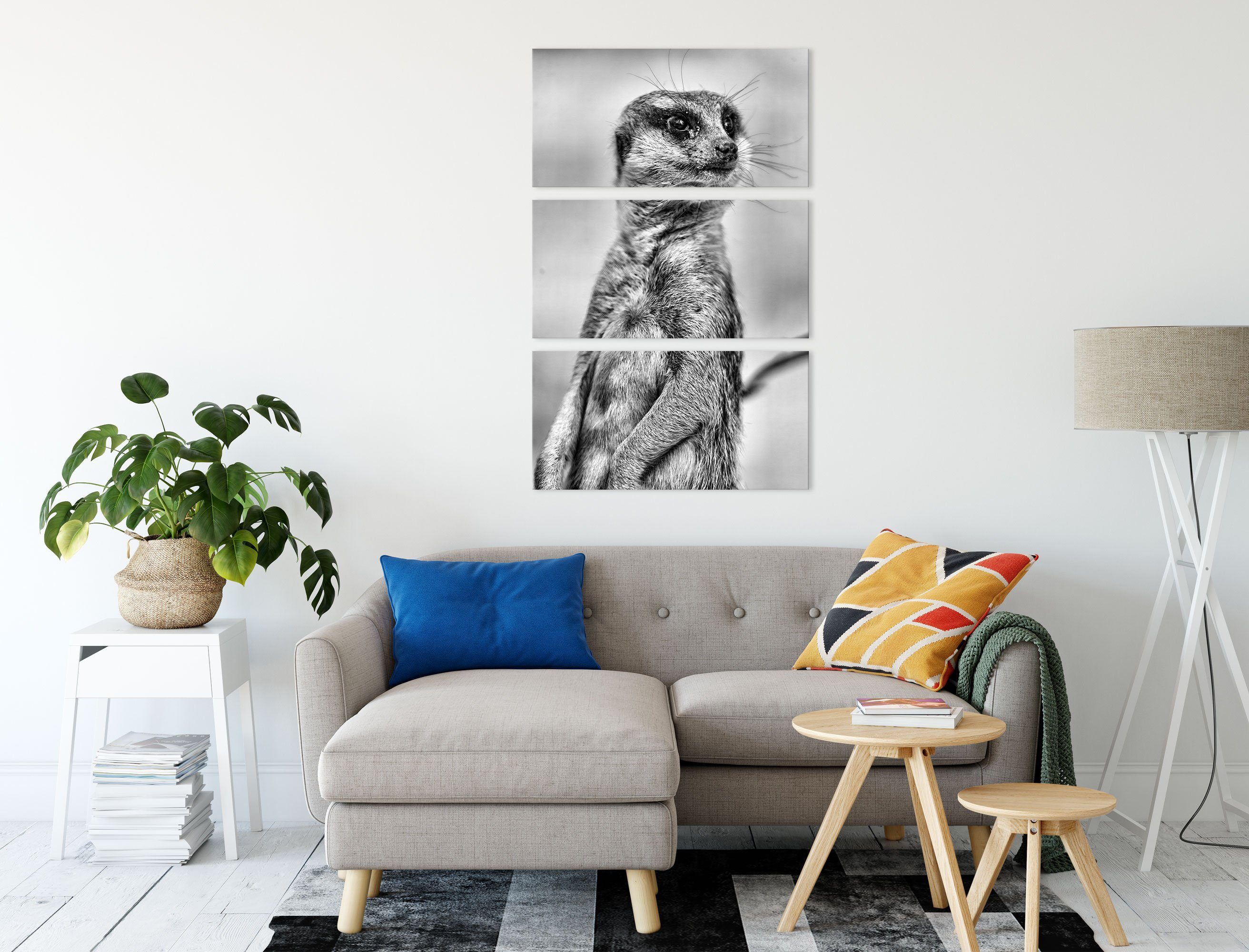 Pixxprint Leinwandbild aufmerksames inkl. Leinwandbild aufmerksames St), bespannt, 3Teiler (1 Erdmännchen Erdmännchen, fertig (120x80cm) Zackenaufhänger