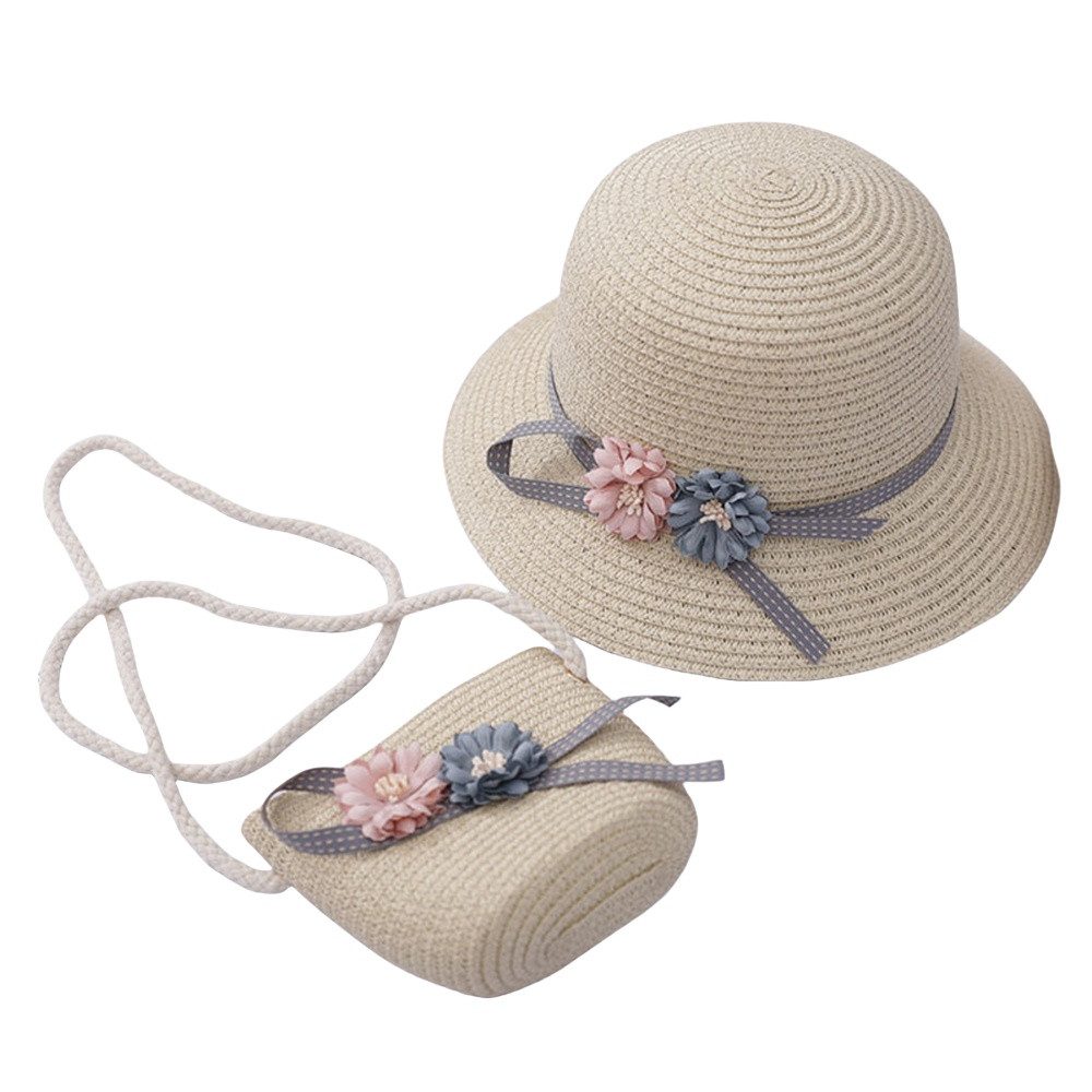 Strohhut Mädchen Kinder Sommer Sonnenhut und Strandtasche Set