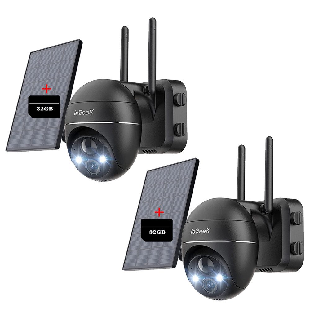 ieGeek Überwachungskamera 2 STÜCK 3MP 2K Überwachungskamera Aussen Akku mit 32GB Karte (Aussen, Außenbereich, Outdoor, Außen, mit Solarpanel Ultra HD Kabellose Solar Überwachungskamera WLAN, 355°/120° Pan Tilt Farbnachtsicht PIR-Bewegungserkennung Alexa, Sirene/Weißlichtalarm 2-Wege-Audio IP65 Cloud/TF Storage)
