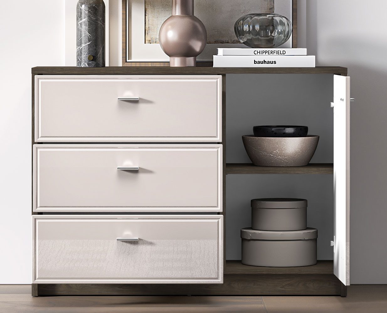 Feldmann-Wohnen Kombikommode Avante (mit Türen, mit Einlegeböden, mit Schubladen, 1 St., moderne Optik, Breite 117cm, Front MDF), Windmill Eiche dunkel Cashmere Hochglanz Breite 117cm