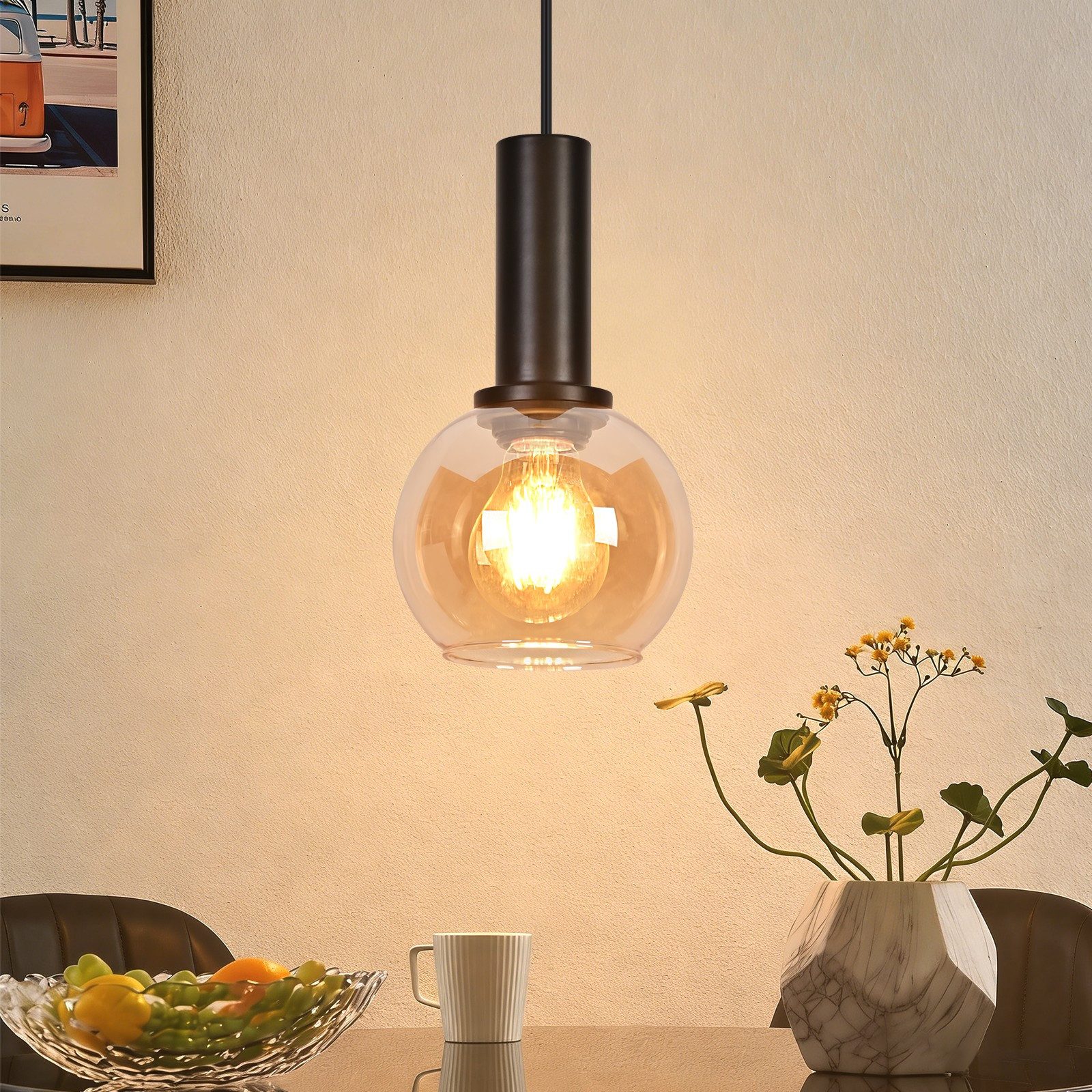 ZMH Pendelleuchte E27 Retro 1/3/4 Flammig Glas Esstischlampe Vintage Hängeleuchte Küche, Hochwertige Material, ohne Leuchtmittel, Vintage-Glasschirm mit bernsteinfarbenem Retro-Look