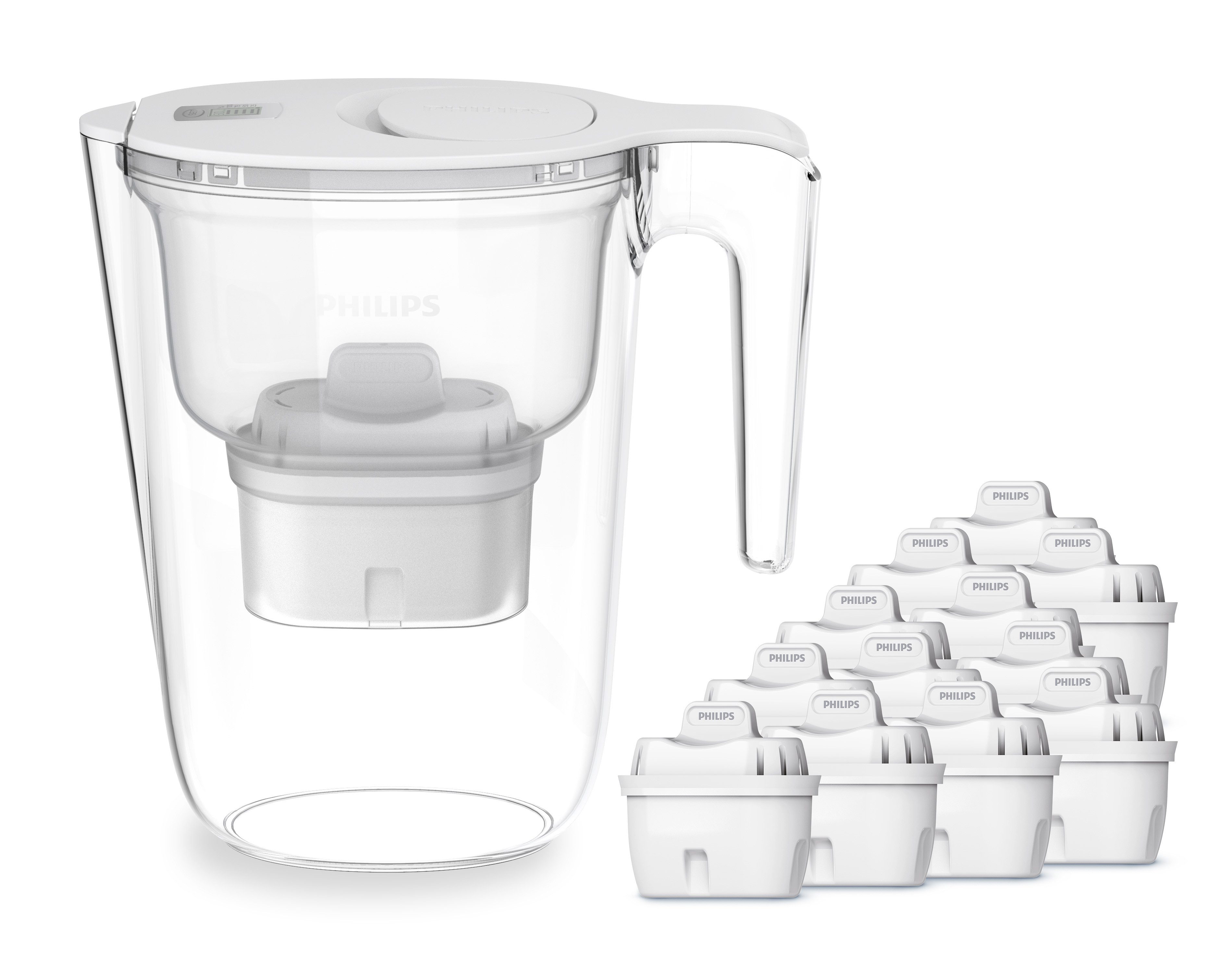 Philips Kalk- und Wasserfilter Philips Wasserfilter-Kanne 2,6L weiß inkl. 12 Filterkartuschen, Zubehör für Geschmack+ AWP210 & Antikalk+ AWP232, Reduziert den TDS Wert