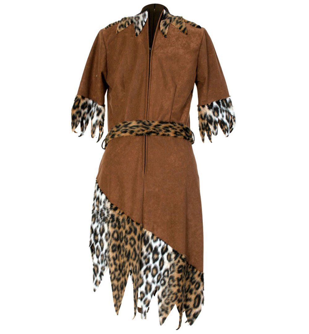 Fries Kostüm Damen Steinzeitfrau Steinzeit Kleid mit Gürtel Karneval Fasching