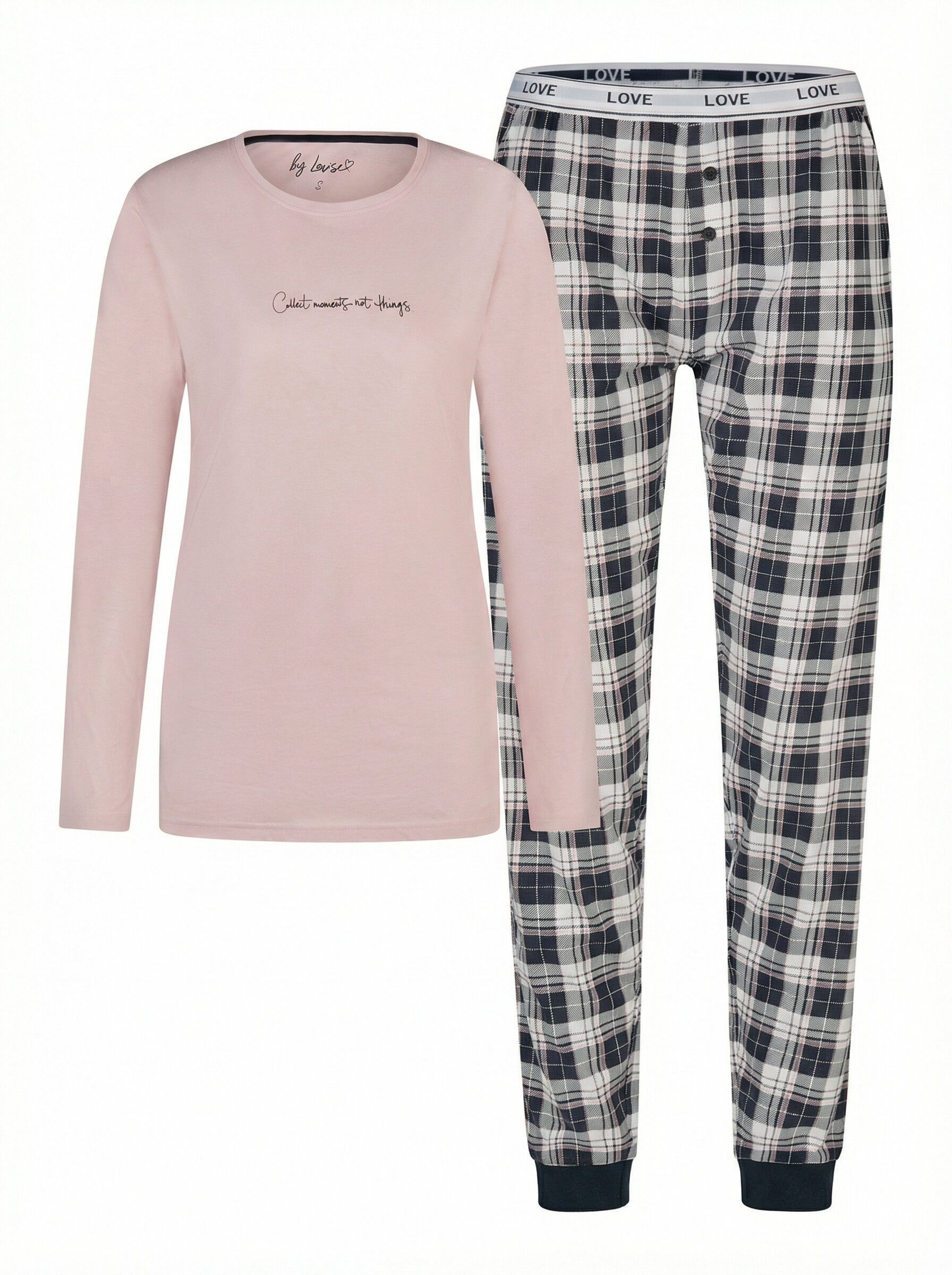 By Louise Schlafanzug by Louise Damen Pyjama Schlafanzug Nachtwäsche lang rosa karierte Hose