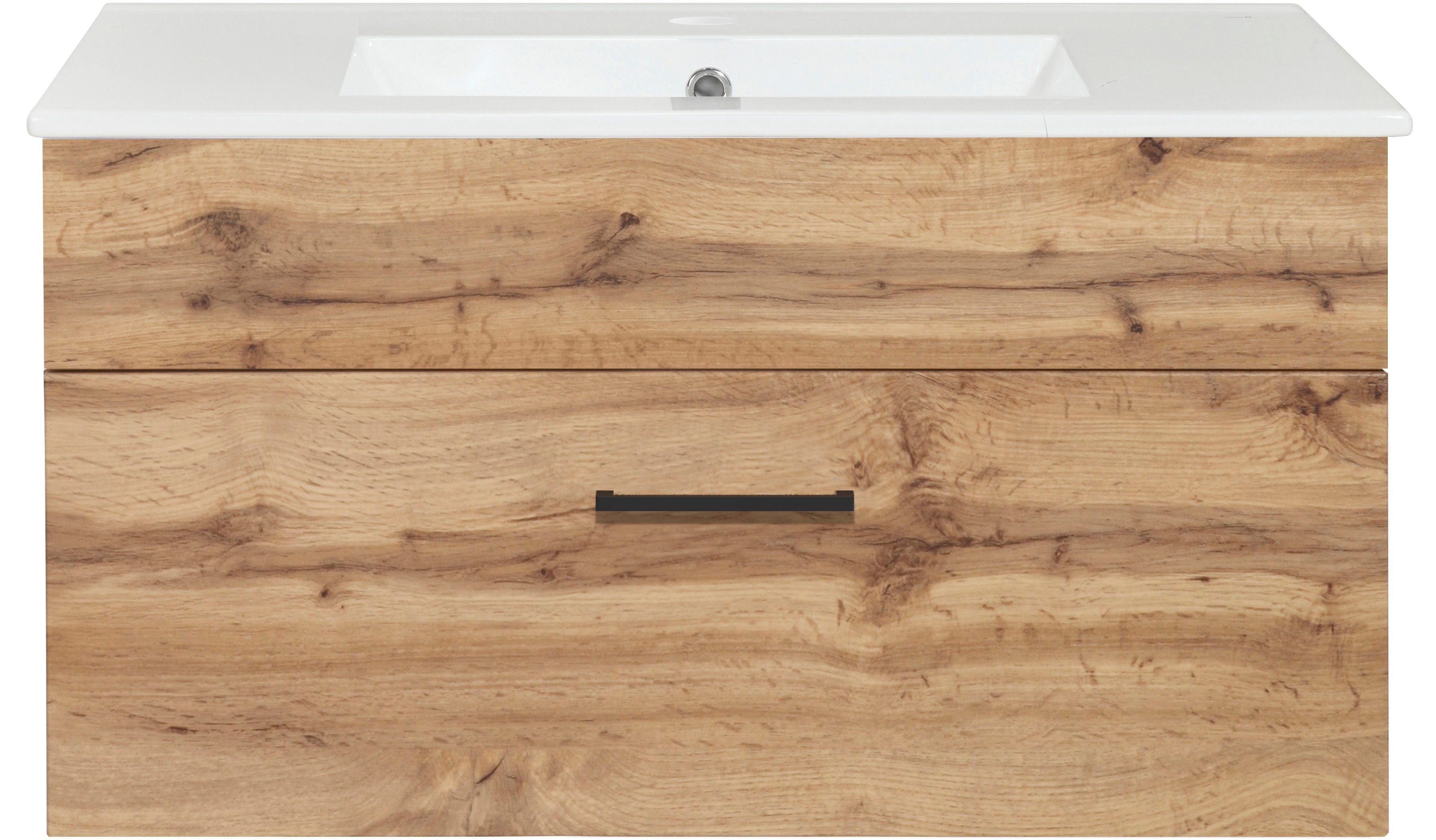 welltime Waschtisch Trento Light mit Keramik-Auflagebecken, 1 feste Blende und 1 Auszug, Breite: 81cm, Wotaneiche – Bild 4 von 5