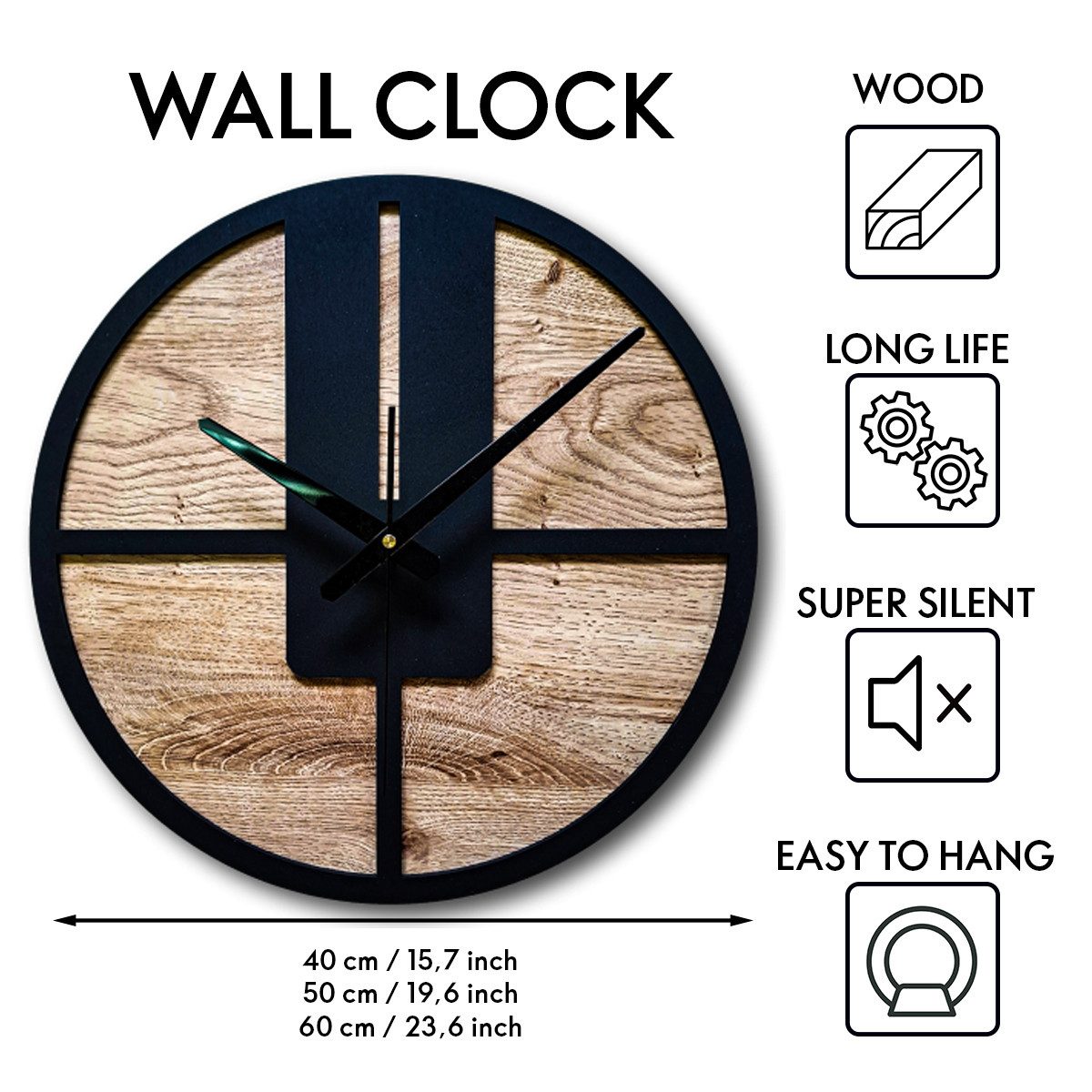 ORNAMENTI Wanduhr Große, moderne Wanduhr aus Holz, Furnier, minimalistisch, 3 Größen (ohne Ticken, Wanddeko, Holzdeko, 3 Größen 40, 50, 60 cm, handmade)