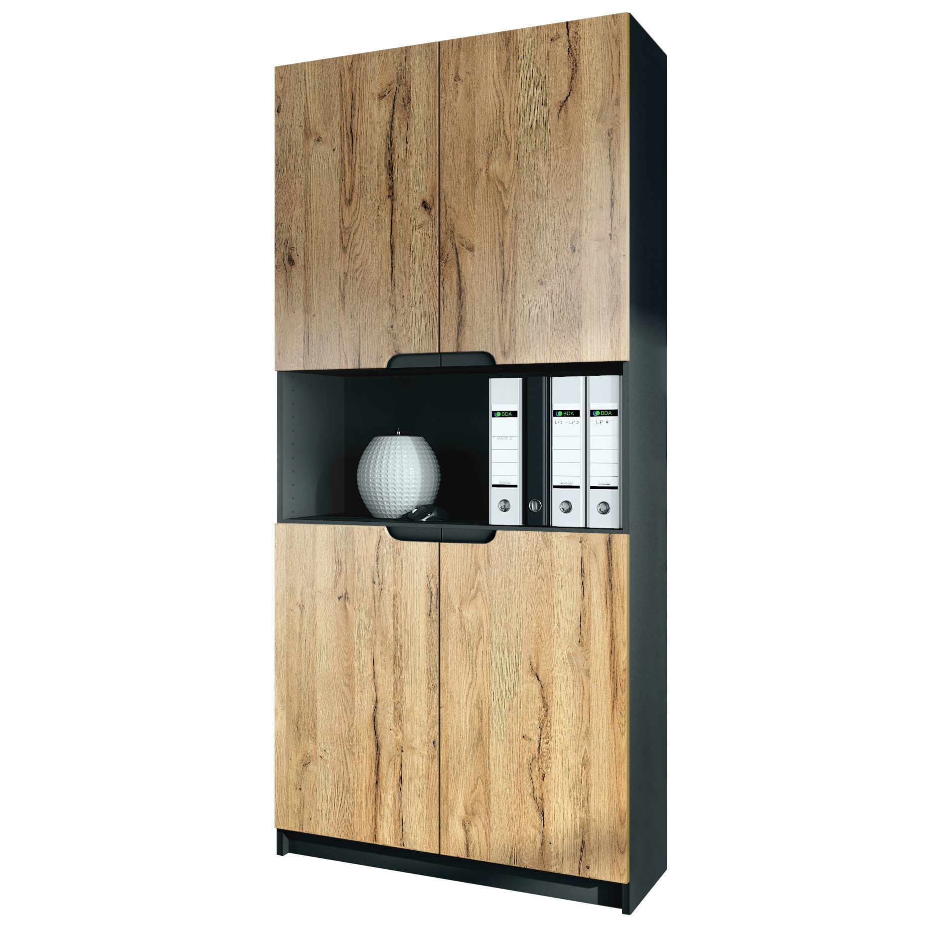 Vladon Aktenschrank Logan (Aktenschrank, mit 5 Fächern und 4 Türen) Schwarz matt/Eiche Natur (82 x 184 x 37 cm)