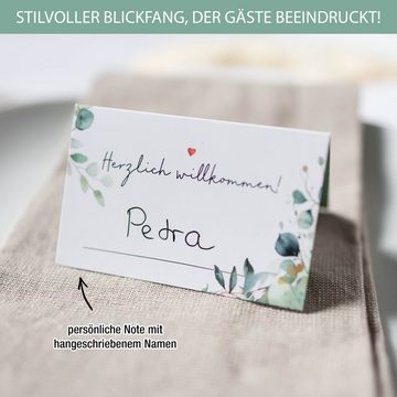 TOBJA Grußkarte Tischkarten 50x Hochzeit Eukalyptus Platzkarten, Platzkarten Namenskärtchen Blanko