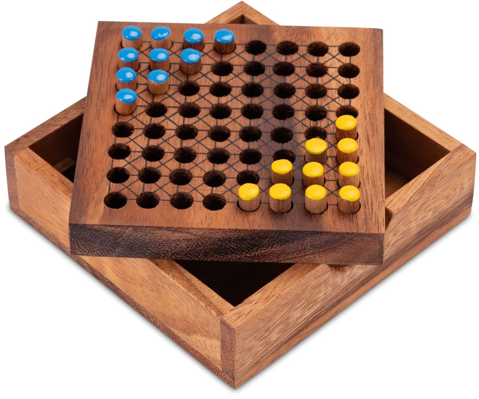 LOGOPLAY Spiel Halma für 2 Blau Gelb, Gesellschaftsspiel, Halma Reisespiel klassisches Strategiespiel im Mini-Holzkasten für 2