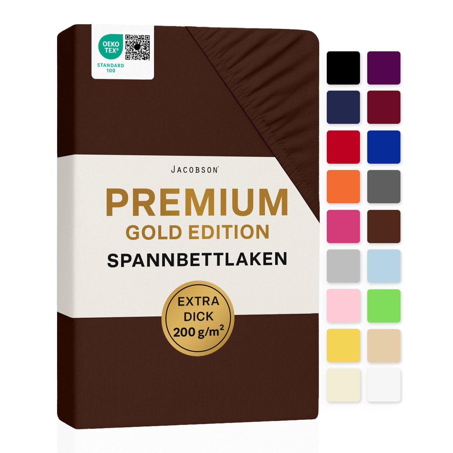 Jacobson Spannbettlaken PREMIUM 200 g/m² Jersey aus 97% Baumwolle & 3% Elasthan, Extra dichtes Bettlaken mit maximalem Halt
