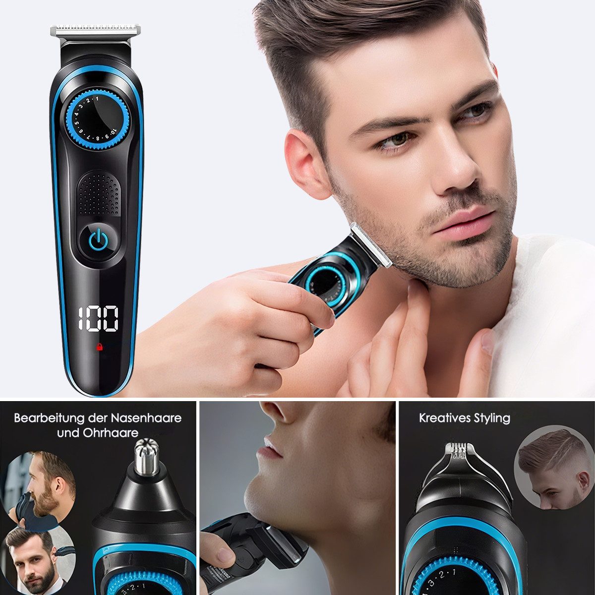 MOPUEA Haarschneider Kabelloser Herren Haarschneider Mit LED 12 Teilig Wasserdicht, Professioneller Haarschneider Mit Aufsätzen Und Zubehör, LED Anzeige 1500mAh Akku Edelstahlklingen Wasserdicht USB