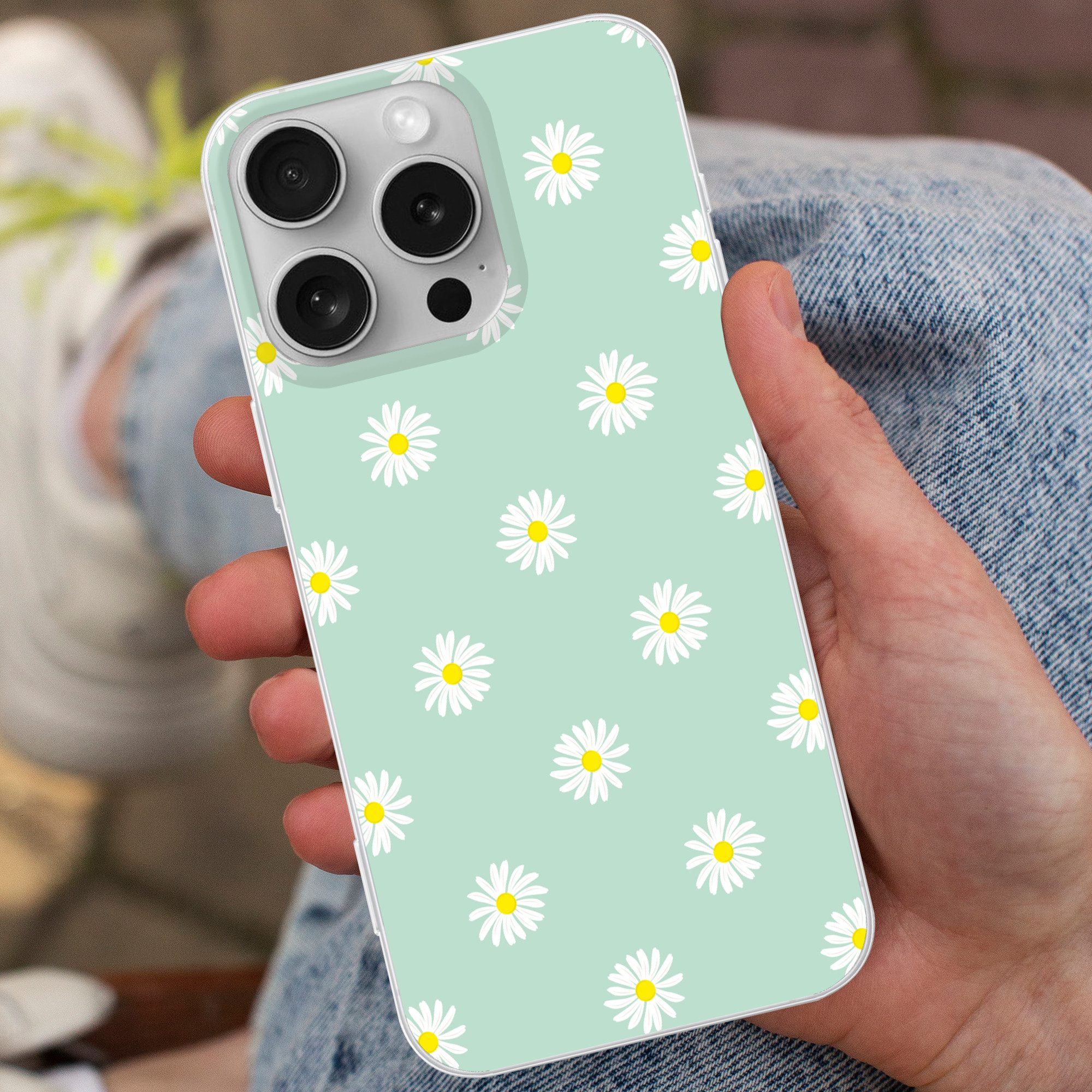 MuchoWow Handyhülle für Apple iPhone 16 Pro Gänseblümchen - Pastell - Weiß - Grün - Floral, Smartphone-Bumper, Print, Handy Schutzhülle Dünn