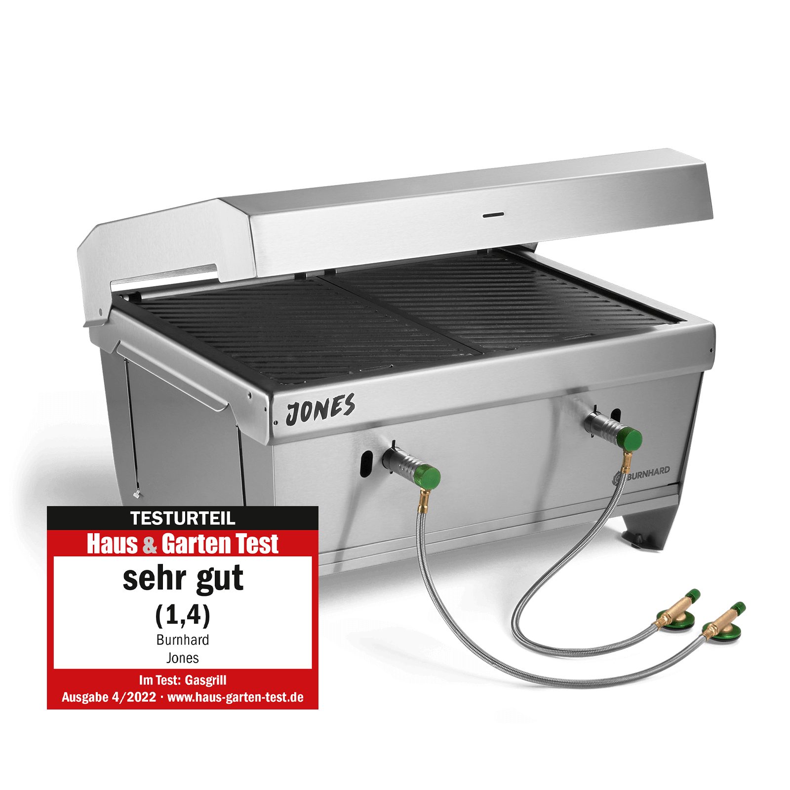 BURNHARD® Gasgrill Camping JONES Edelstahl Klappgrill mit Deckel 2-Brenner 6,4 kW, inkl. Transporttasche mit Rucksackfunktion und Multitool, Faltgrill ideal für Camping, #945835