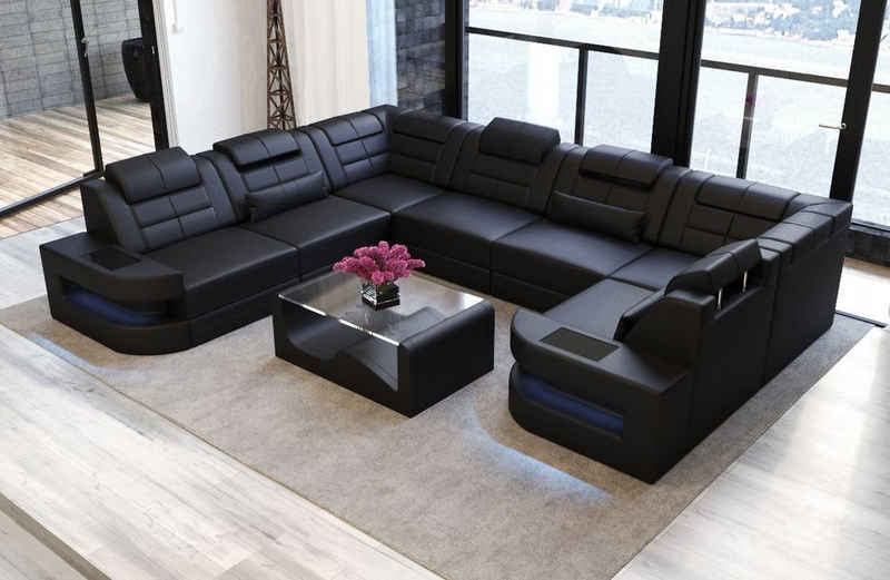 Sofa Dreams Wohnlandschaft Como - U Form Ledersofa, Couch, mit LED, wahlweise mit Bettfunktion als Schlafsofa, Designersofa