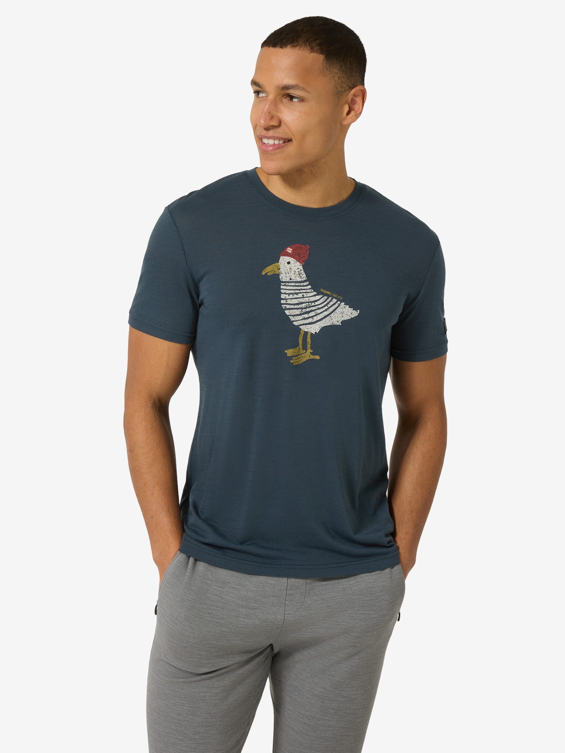 SUPER.NATURAL Print-Shirt für Herren, Merino JOHNNY TEE Vogel Motiv, atmungsaktiv