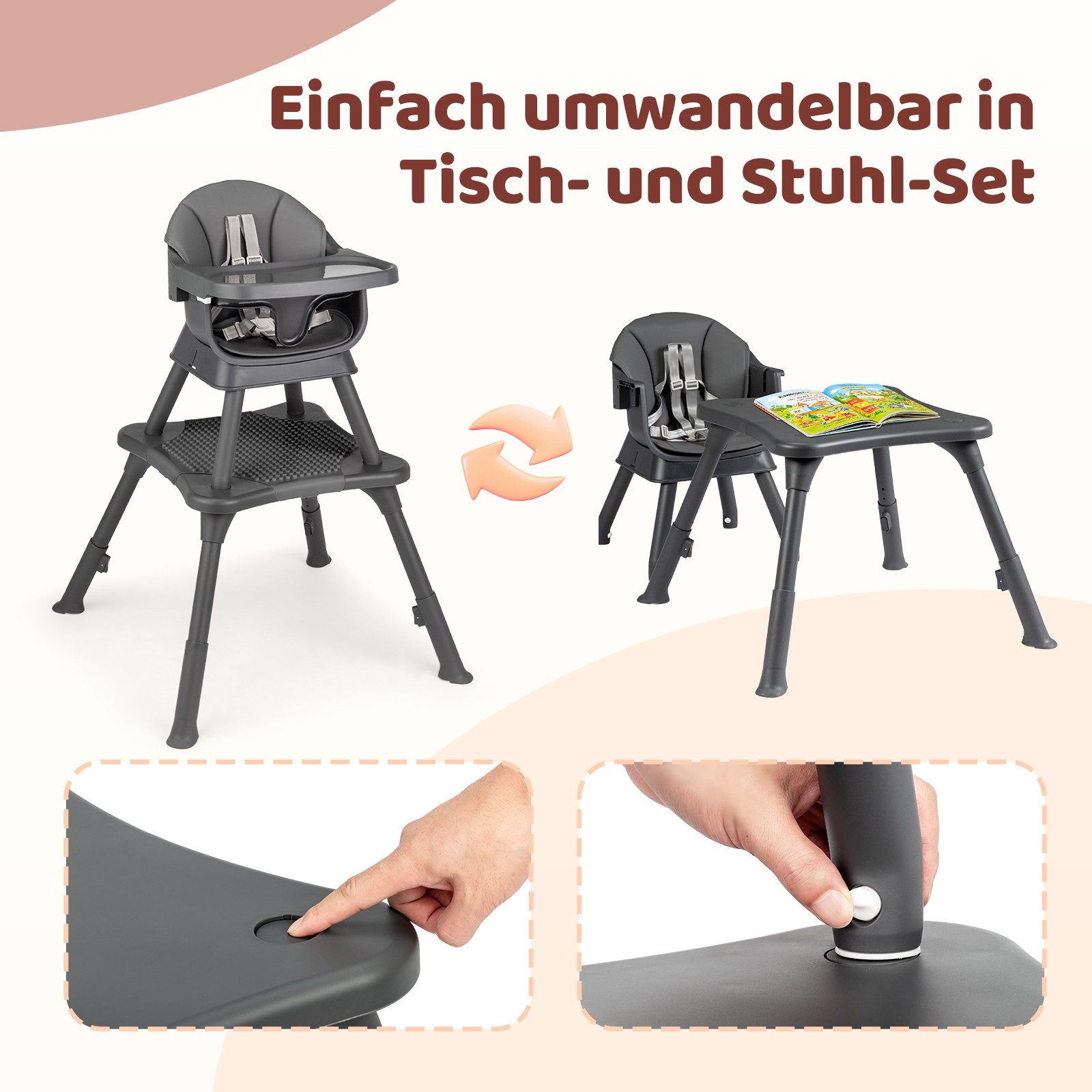 VINGLI Hochstuhl Baby 9 in 1, Robuster Kinderhochstuhl mit 5-Punkt-Gurt, Umbaubar zu Lerntisch, Esstisch oder Sitzerhöhung – Bild 5 von 5