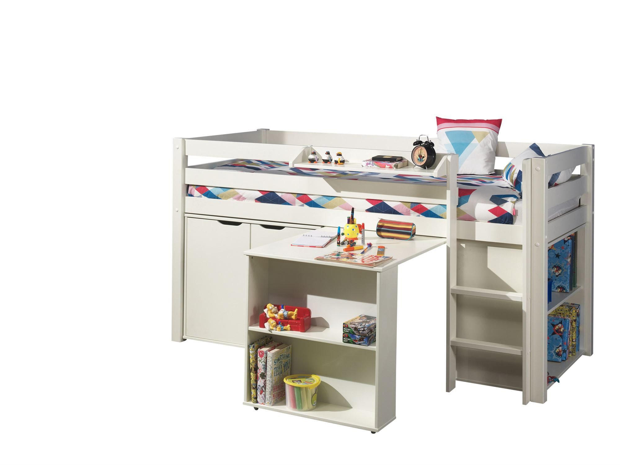 58 aufm Kessel Kinderbett Spielbett Karolina 210x106x114 Kinderbett Massivholz+MDF Weiß (inkl. Versand, Lieferung bis Verwendungsstelle), Liegefläche 90x200, Hochbett mit Schreibtisch, Regalen und Hängeregal