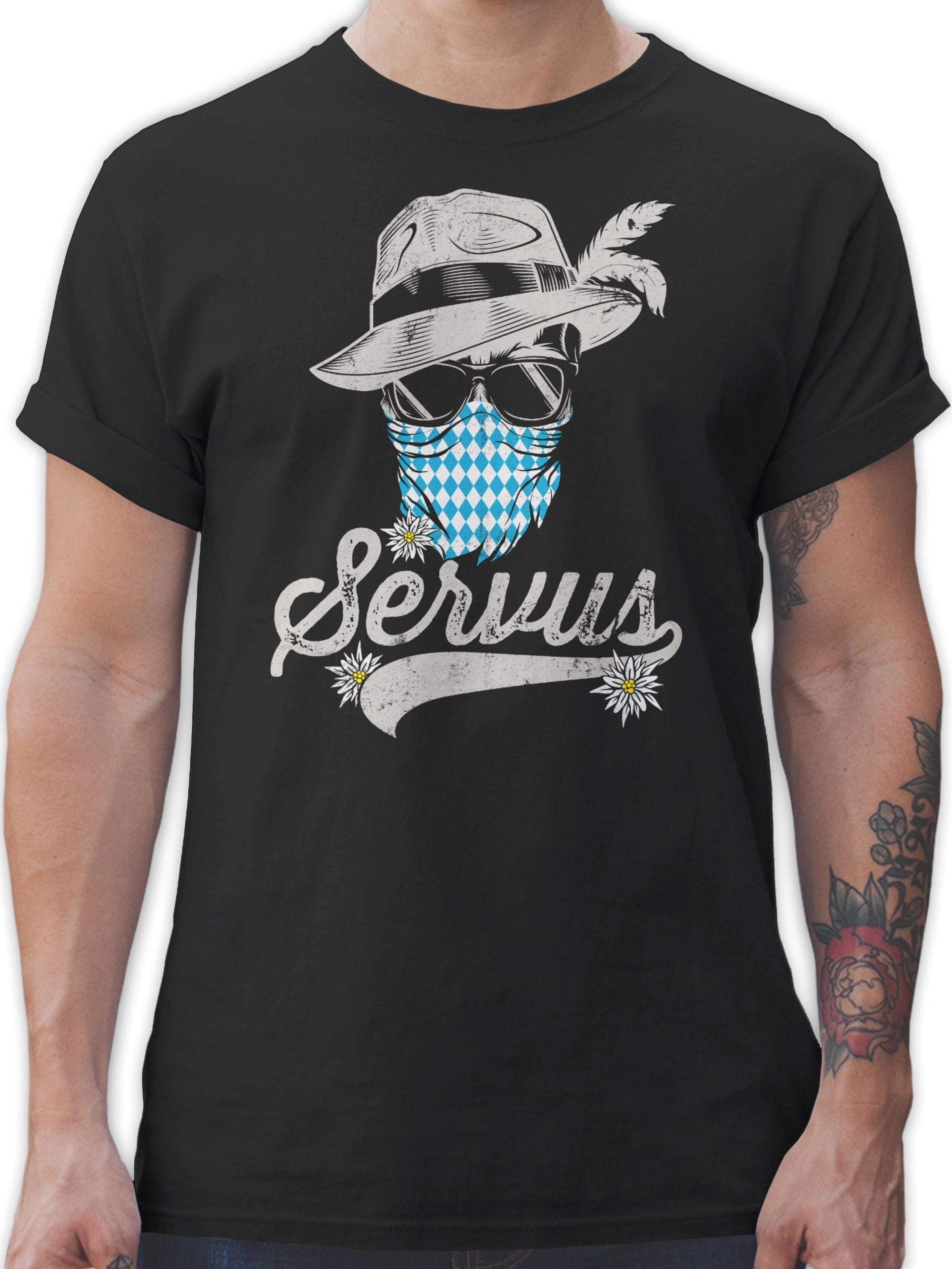 Shirtracer T-Shirt Servus Totenkopf Bayern Edelweiß Trachten Bayrisch Tirol Bavaria Mode für Oktoberfest Herren