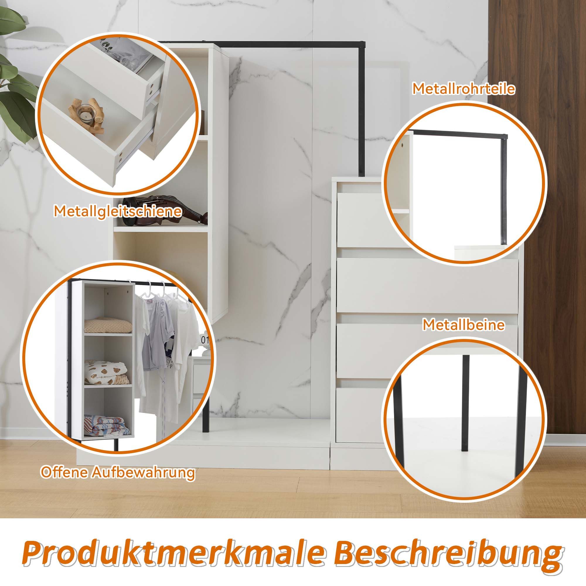 Flieks Garderoben-Set Kleiderschrank mit 3 offener Fächern, Kommode mit 4 Schubladen, (1-St., B140/W40/H135 cm), Schubladenschrank Kleiderstange-Set mit Staurau – Bild 5 von 5