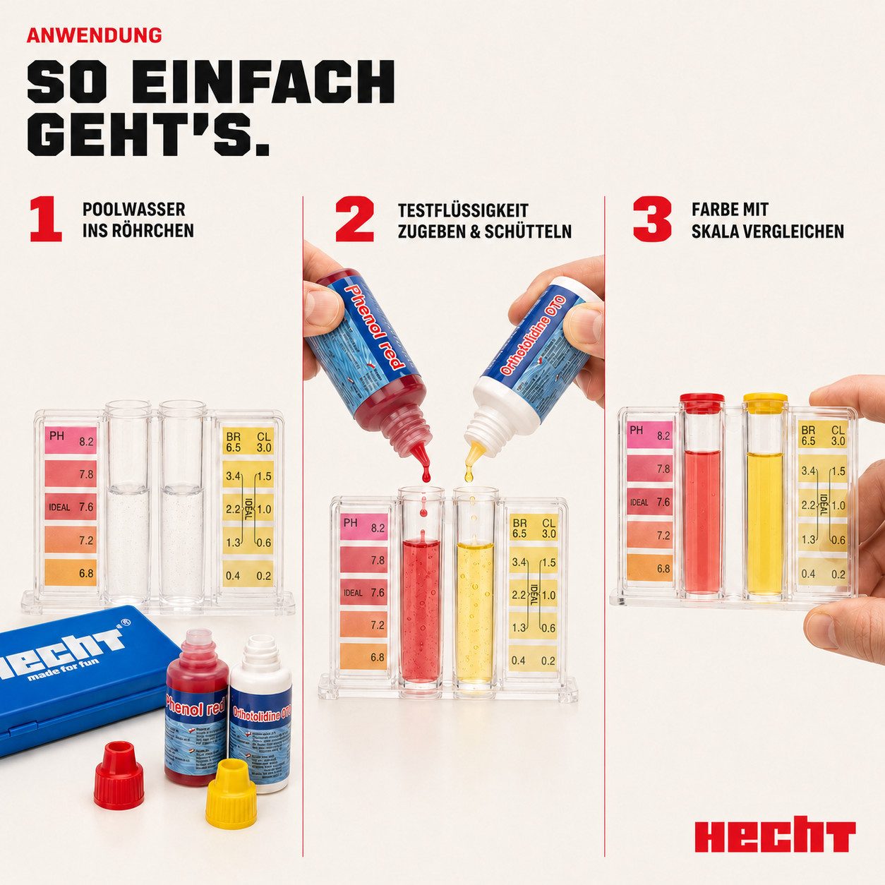 Hecht Pool-Wassertest Schütteltest Chlor- und pH-Wert-Test Wassertester mit Box, für ca. 50 Testdurchläufe