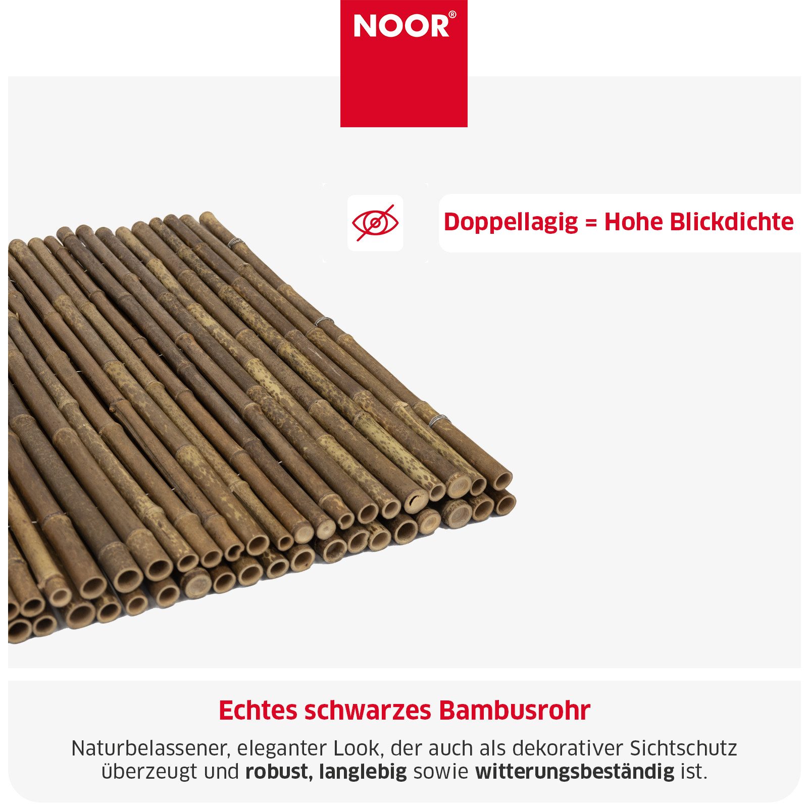 NOOR Sichtschutzzaunmatten Bambusmatte DELUXE - extra dicke Bambusstäbe, stilvoller Sichtschutz für Garten, Terrasse und Balkon