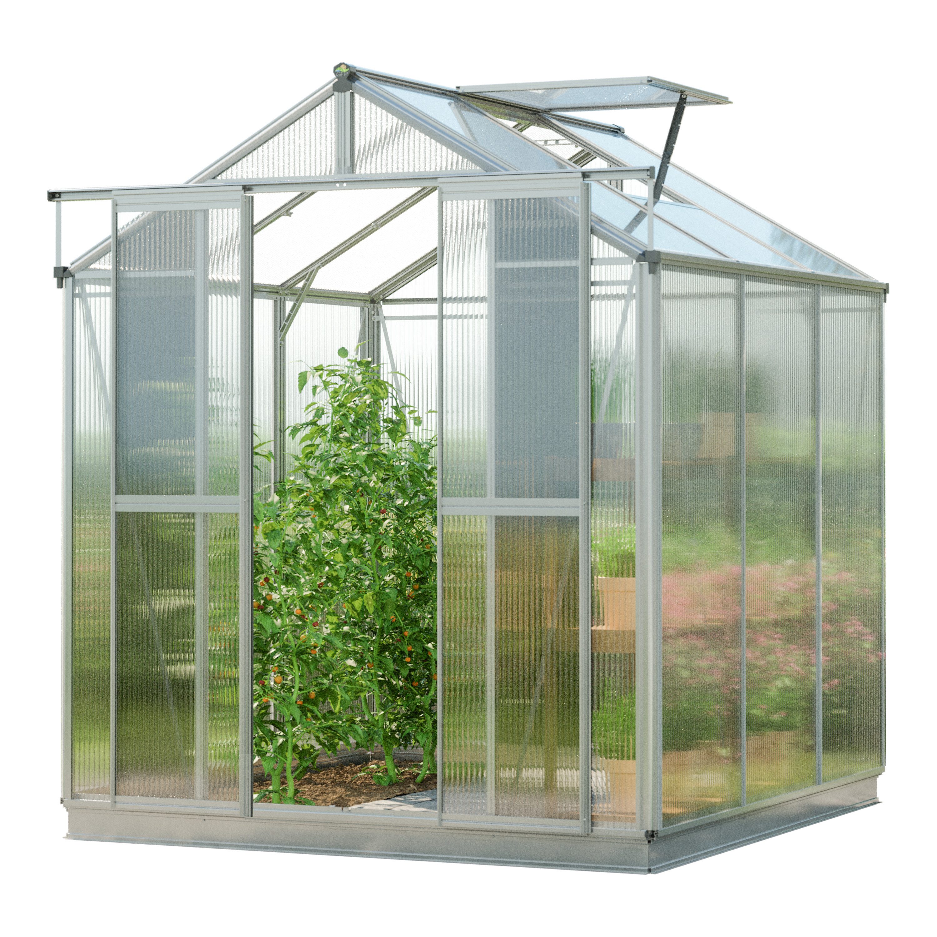 GFP Gewächshaus Picco 3 BxTxH 179 x 195 x 207 cm, 8 mm Wandstärke, inkl. Fundamentrahmen & 1 autom. Fensteröffner, Aluminium-Rahmen