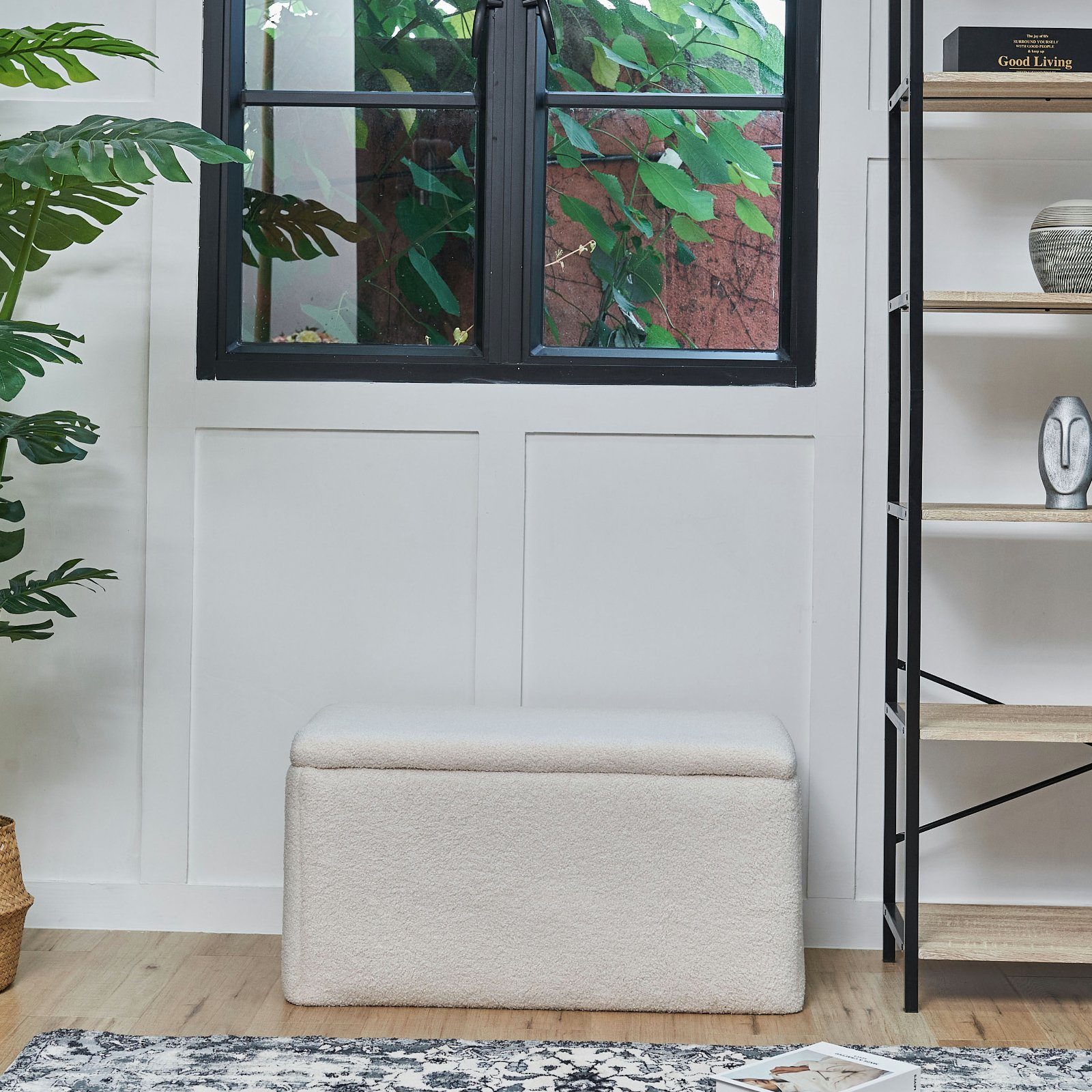 SVITA Sitzbank LEAF, Mit Stauraum, Sitztruhe, Teddy-Bouclé, Sitzbank, aufklappbar, Weiß