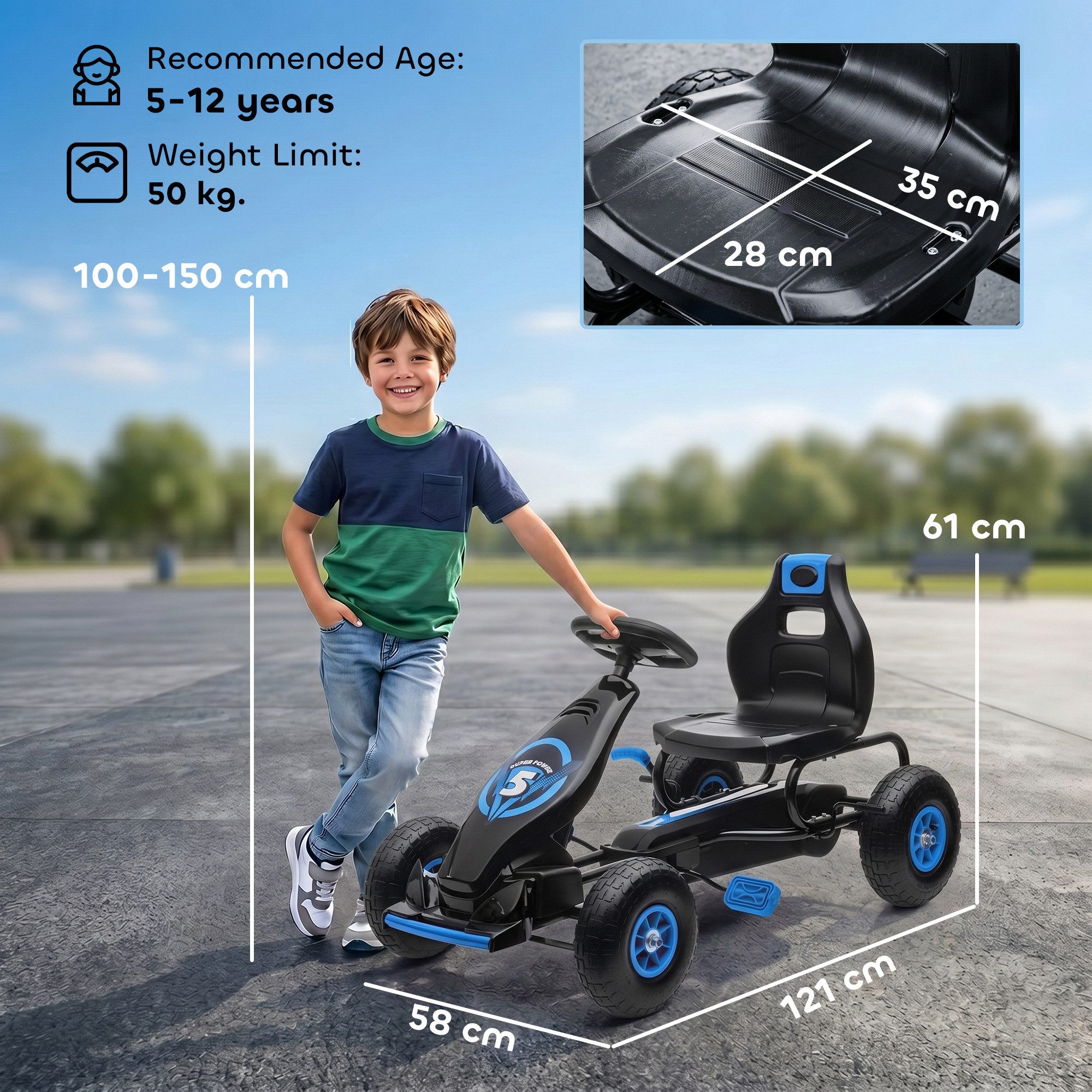 HOMCOM Go-Kart Kinderfahrzeug, Tretfahrzeug mit Pedal und Handbremse, Outdoor, für Garten, Balkon, Blau+Schwarz