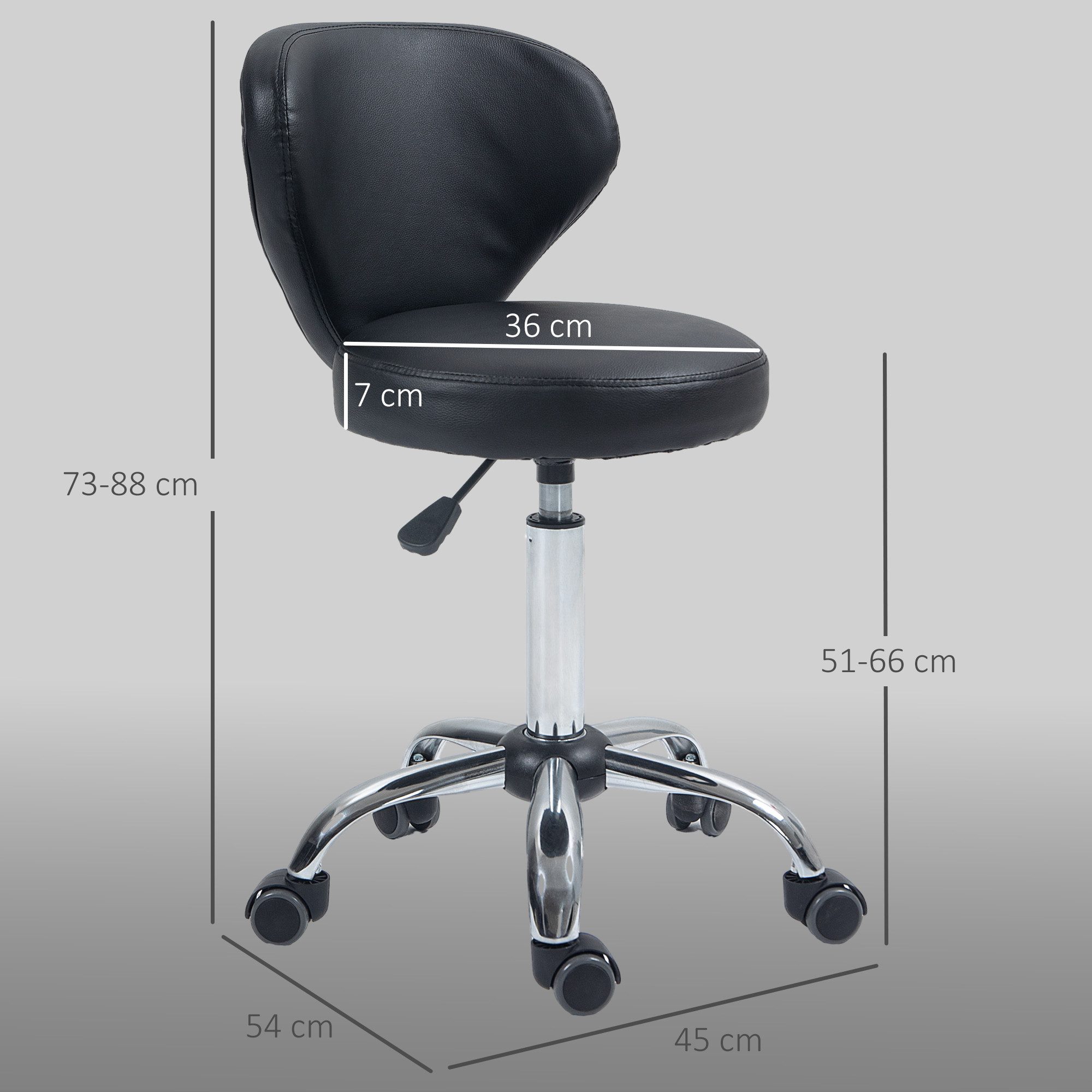 HOMCOM Rollsitz Rollhocker höhenverstellbar Salon Hocker mit Lehne (Arbeitshocker, 1 St., Drehhocker), für Büro, Wohnzimmer, Kunstleder, 45 x 54 x 73-88 cm, Schwarz