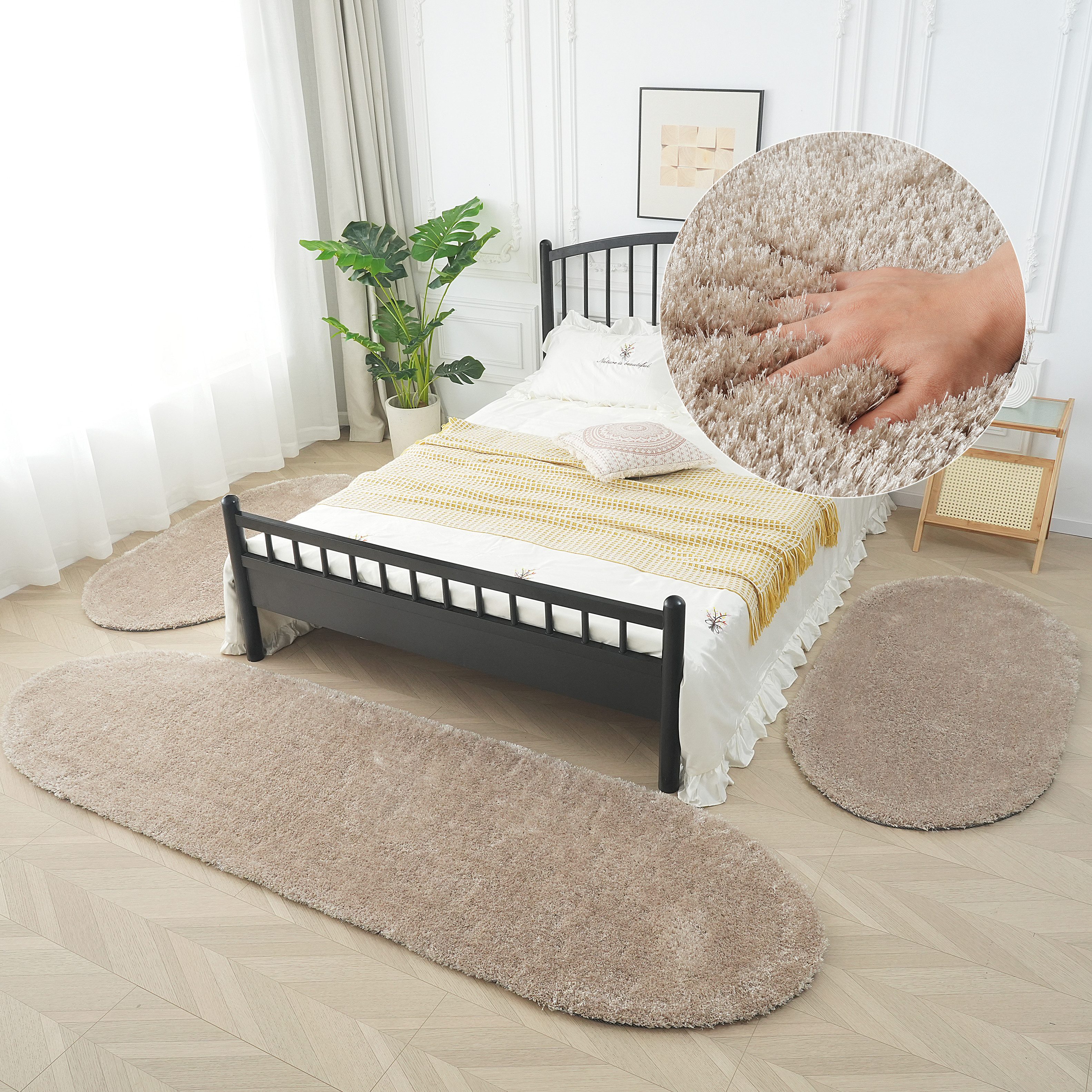 Bruno Banani Hochflor-Bettumrandung Dana Teppich, Kundenliebling, Höhe 30 mm, (3-tlg), unifarben, Mikrofaser, pflegeleicht, Bettvorleger, Schlafzimmer