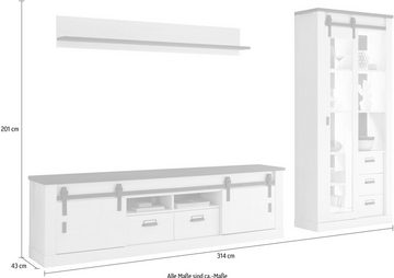 Home affaire Wohnwand SHERWOOD, (3-St), Scheunentorbeschlag und Apothekergriffe aus Metall, Höhe 201 cm