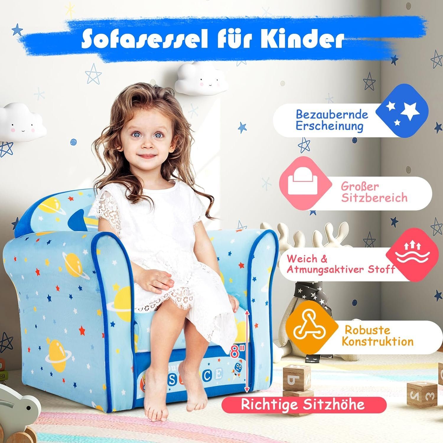 Kindermöbel, Samtstoff KOMFOTTEU hochwertigem & Kindersofa aus Schwamm Hellblau