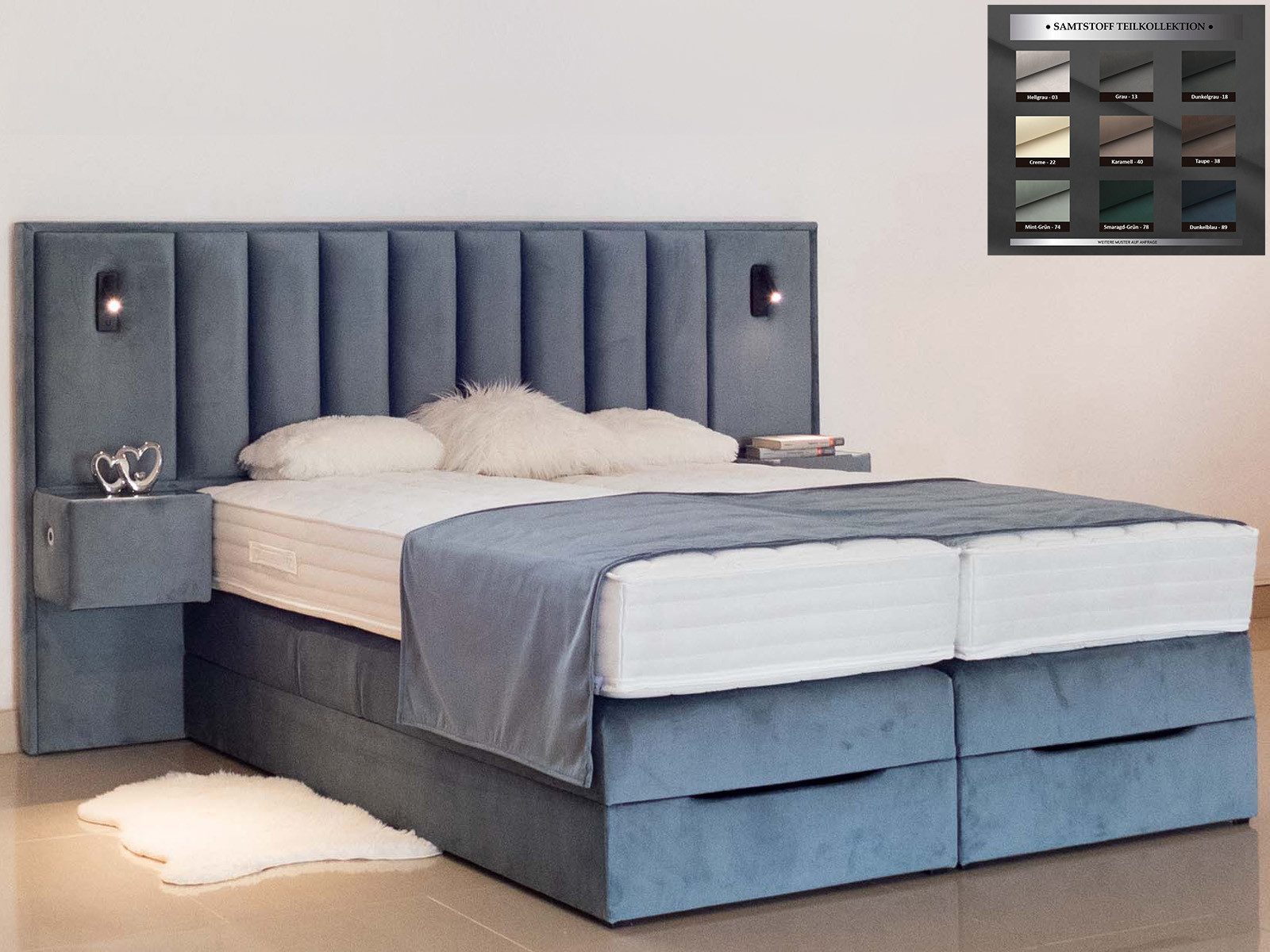 PAARA Boxspringbett mit USB und Beleuchtung, mit Bettkasten und Nachttischen, mit innovativem Belüftungssystem