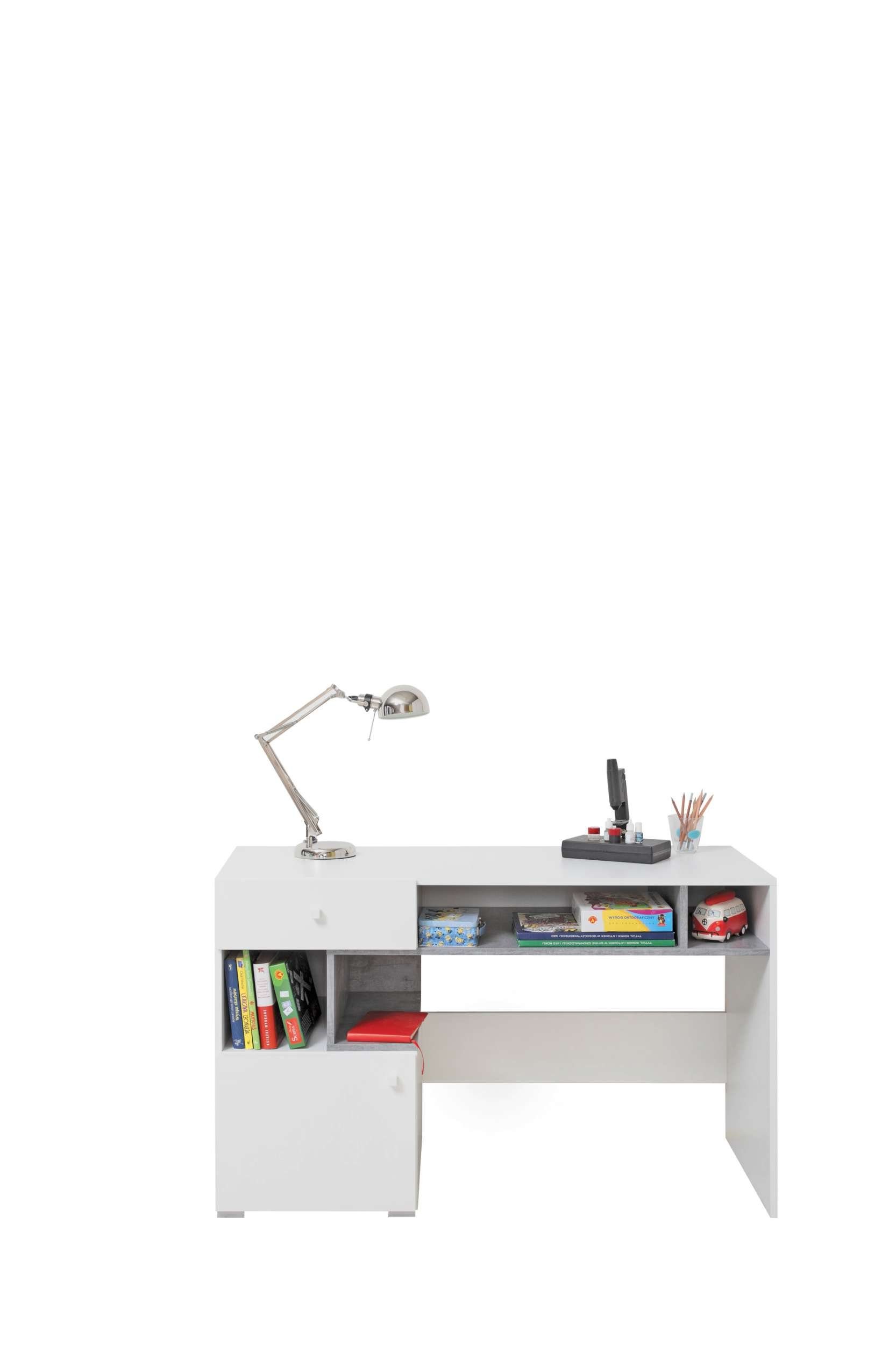 Stylefy Schreibtisch Lendon (Computertisch, Bürotisch), mit Fächern, Spanplatte, viel Stauraum, Modern Design Weiß Hochglanz - Beton
