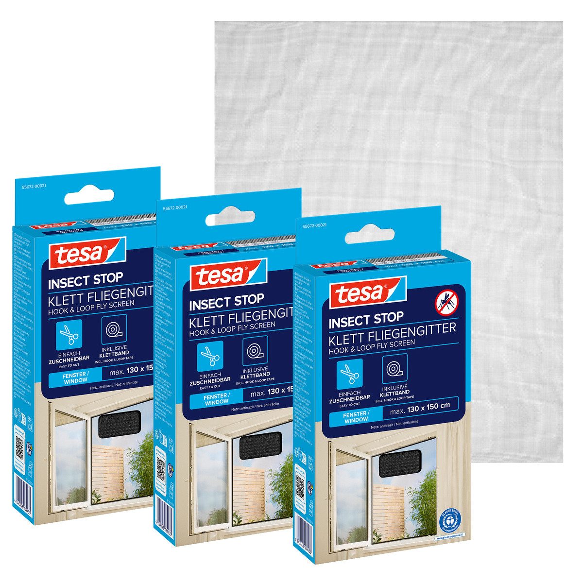 tesa Fliegengitter-Gewebe Klett Fliegengitter für Fenster - Insektenschutz - 130x150 cm, (Packung, 3-St., Fliegennetz, Klettband), mit Klettband, zuschneidbar - Mückenschutz ohne Bohren