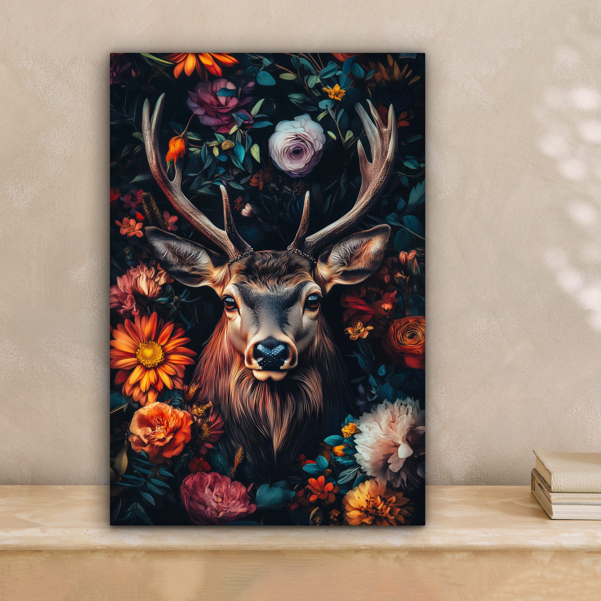 OneMillionCanvasses® Leinwandbild Hirsch - Tierporträt - Blumen - Natur - H günstig online kaufen