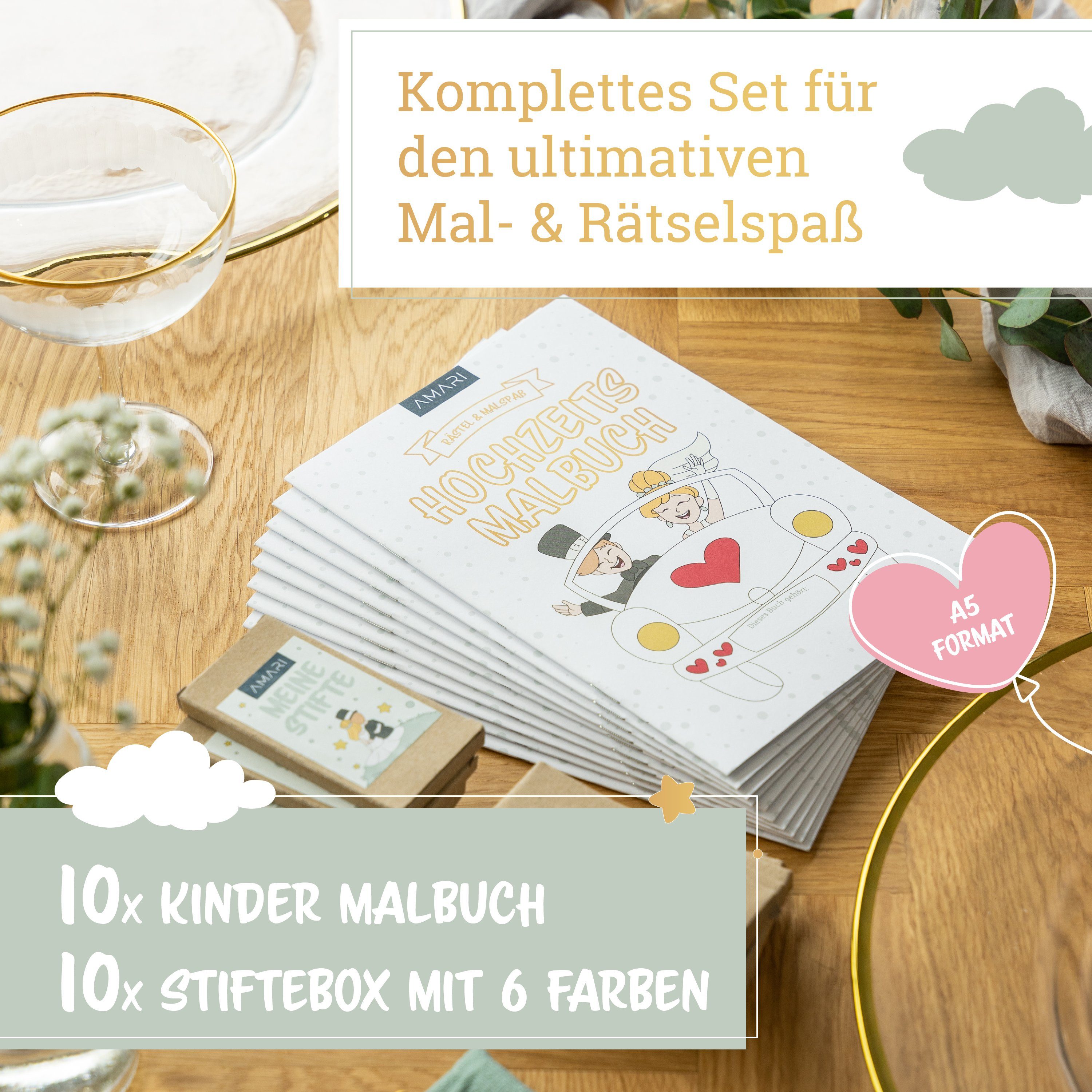 Amari Hochzeitskarte AMARI ® Hochzeitsmalbuch [inkl. Buntstifte ] - Gastgeschenk