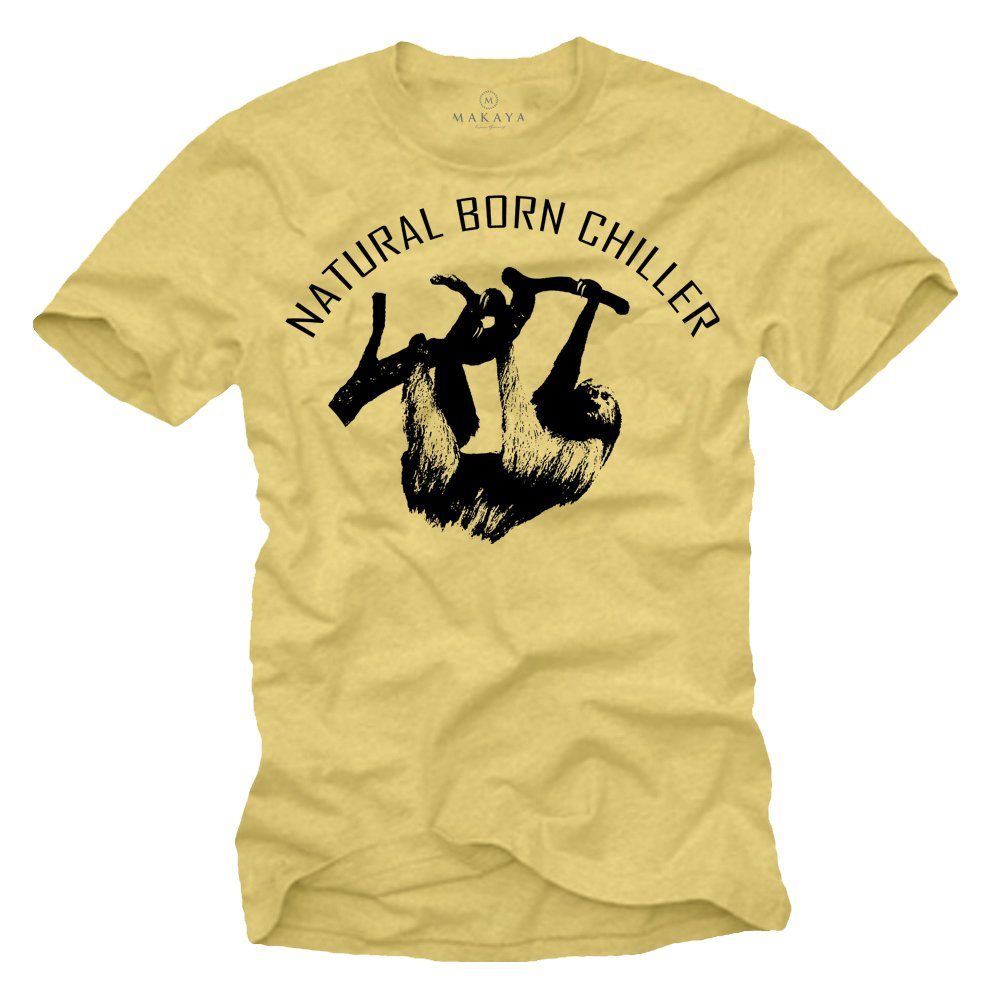 MAKAYA T-Shirt Herren Lustig mit Spruch - Aufdruck Natural Born Chiller Faultier Mit Fronprint Gelb