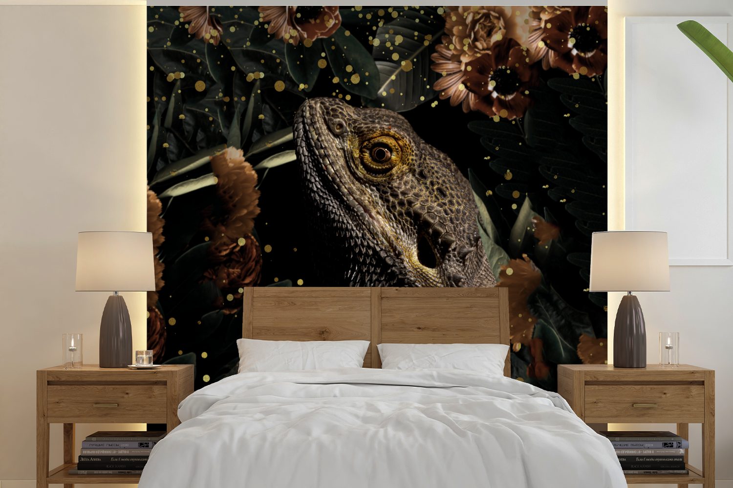 MuchoWow Fototapete Reptilien - Blumen - Licht - Botanisch, Matt, bedruckt, (5 St), Vinyl Tapete für Wohnzimmer oder Schlafzimmer, Wandtapete